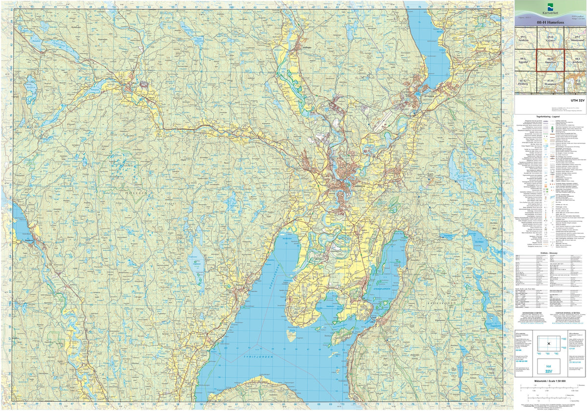 Kartverket N50 kartblad 08-H Hønefoss