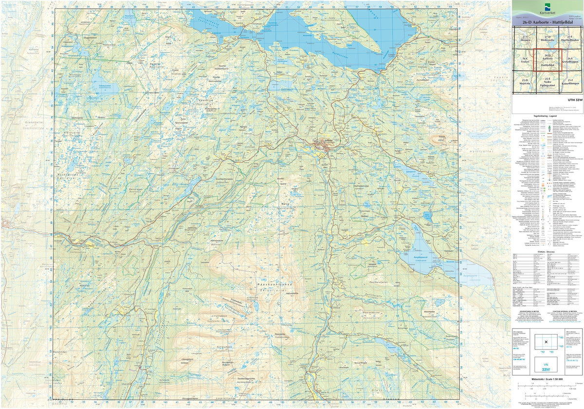 Kartverket N50 kartblad 26-D Aarborte Hattfjelldal