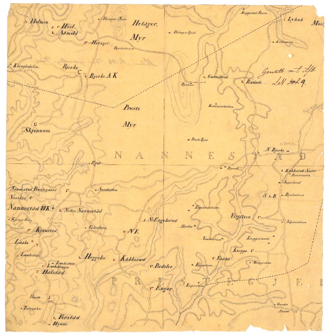 Akershus amt nr 116-1: Kroki i blyant på tykt papir av terrenget hovedsakelig vest for Jessheim og syd for Gardermoen: Akershus
