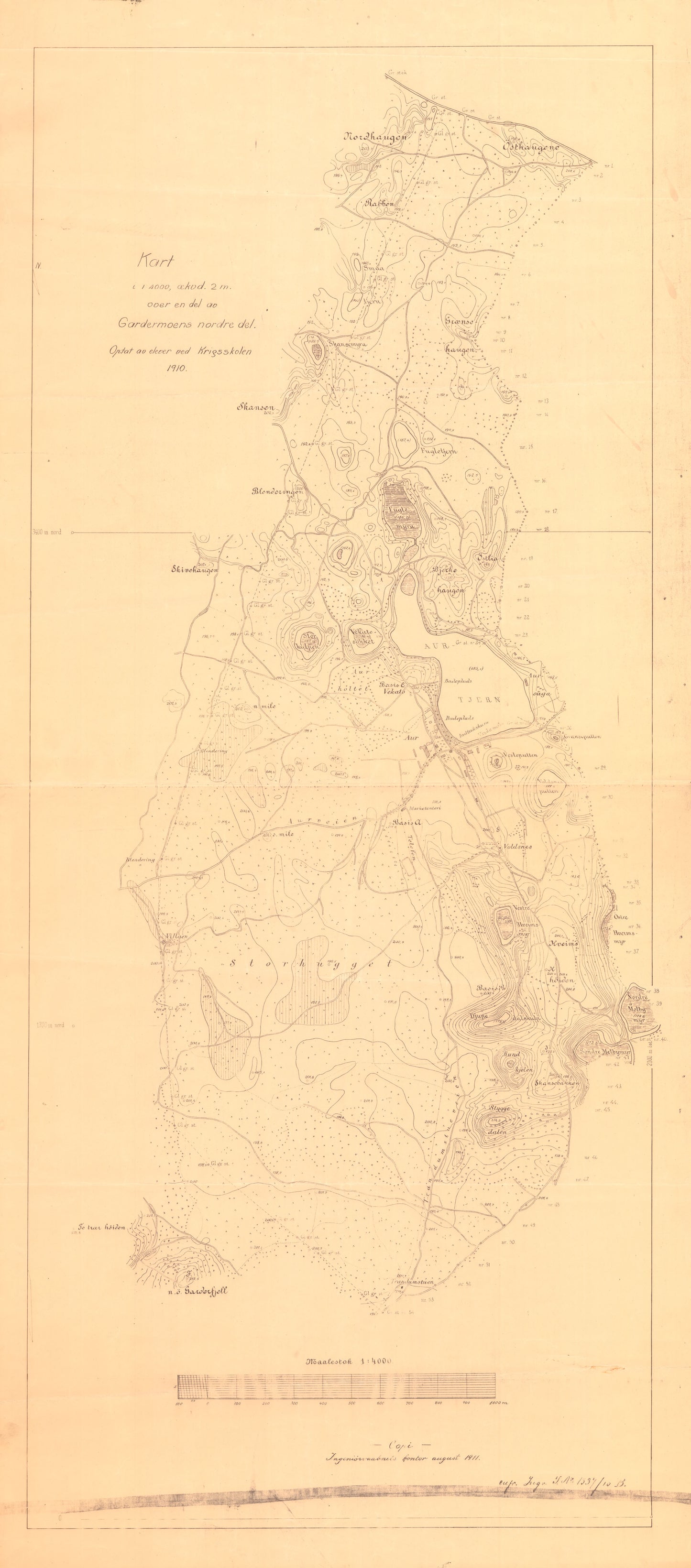 Akershus amt nr 118-2: Kart over Gardermoens nordre del i 1:40000 ekv.d. 2m opptatt av krigsskoleelever: Akershus
