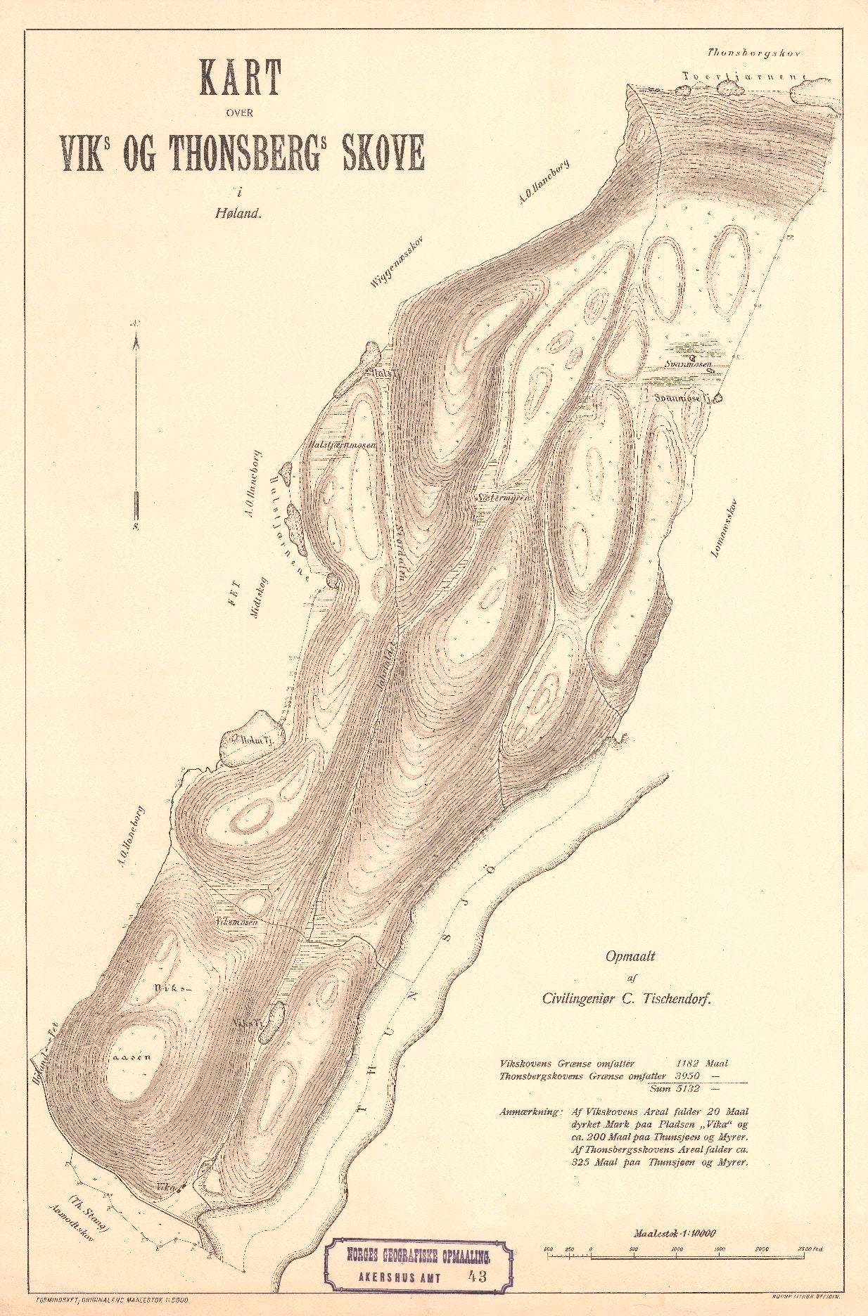 Akershus amt nr 43: Kart over Viks og Thonsbergs Skove i Høland: Akershus