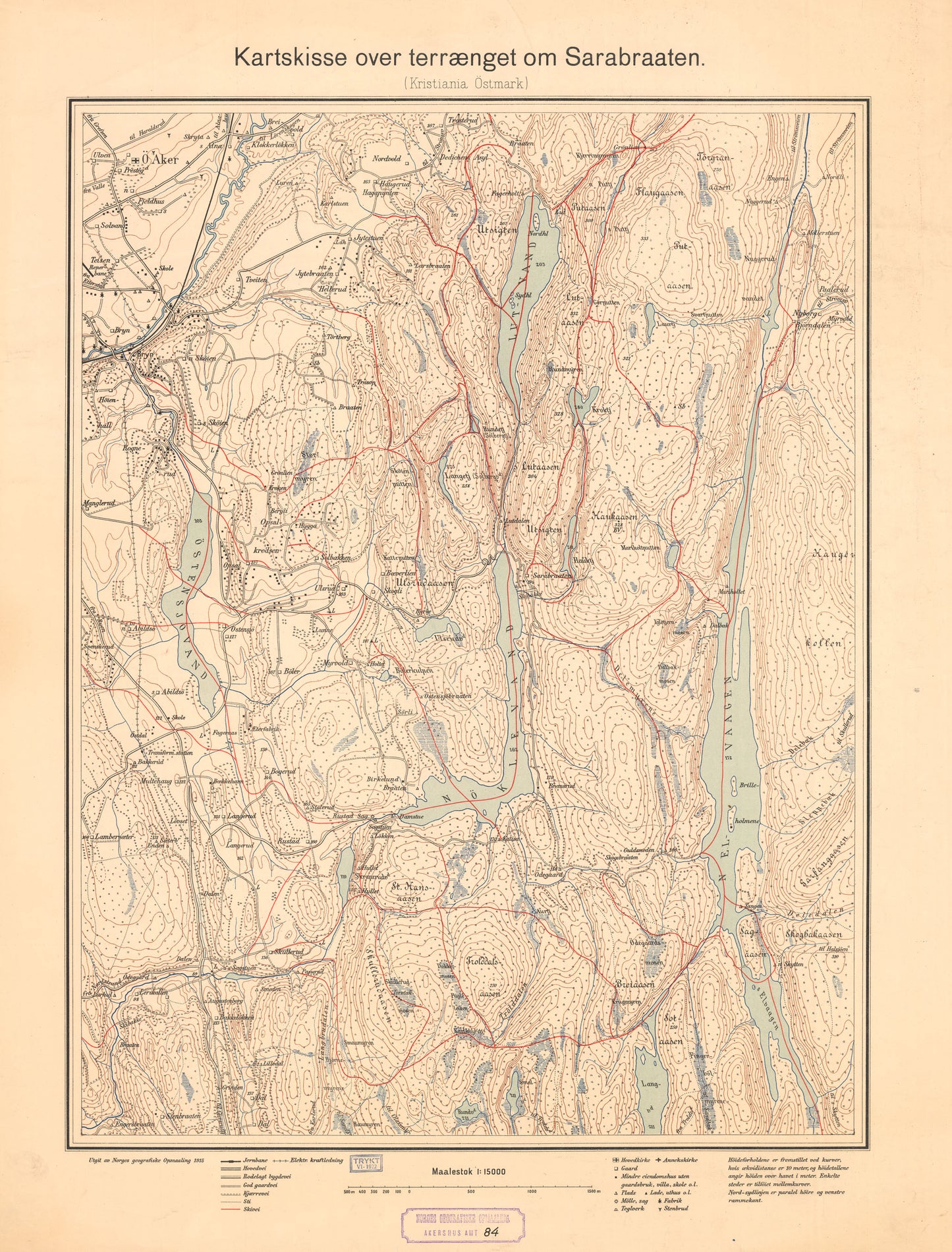 Akershus amt nr 84-3: Kartskisse i 1:15000 over terrenget om Sarabraaten: Akershus