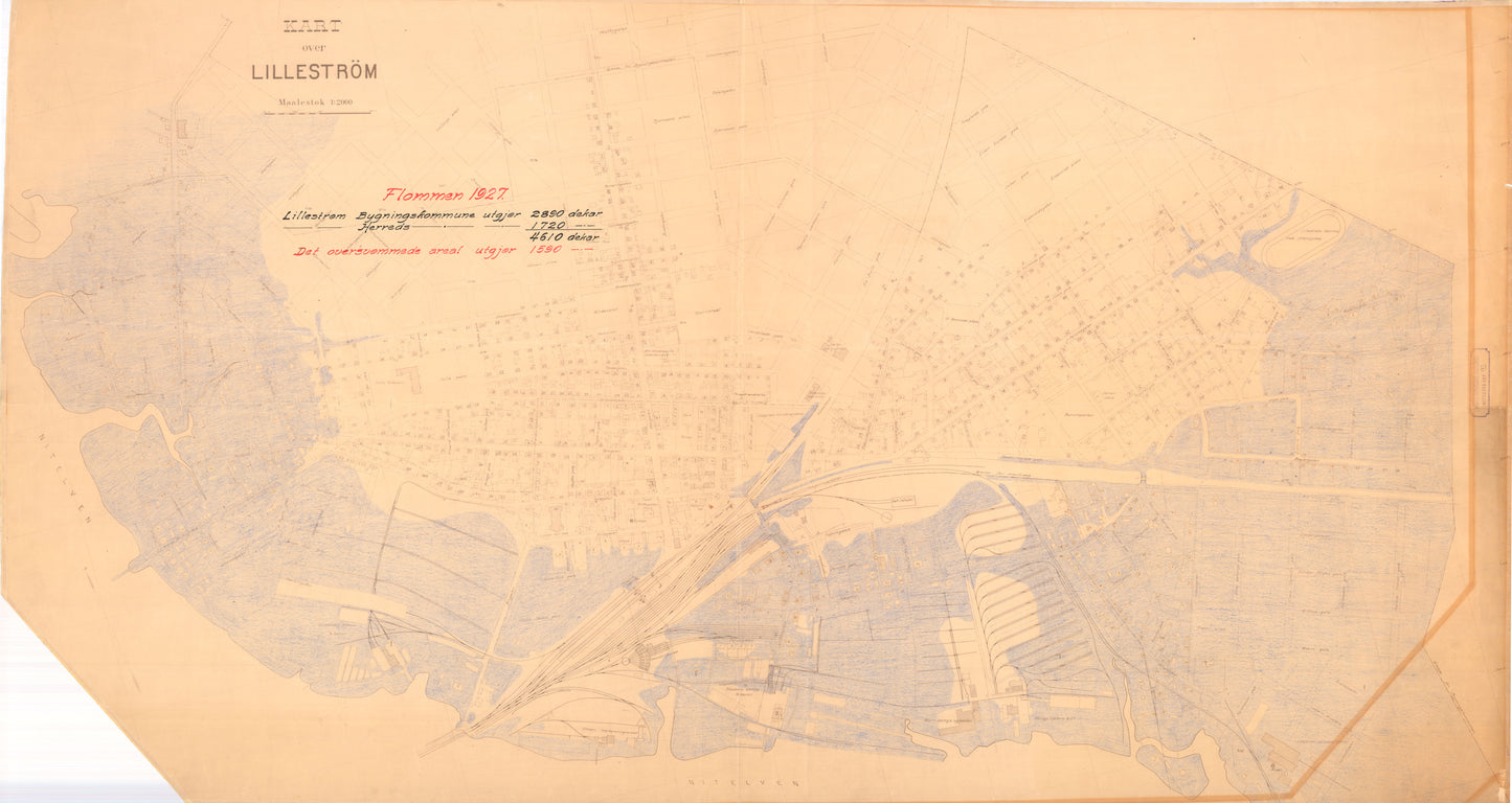 Akershus amt nr 93: Kart over Lillestrøm 1:2000 - Flommen 1927: Akershus