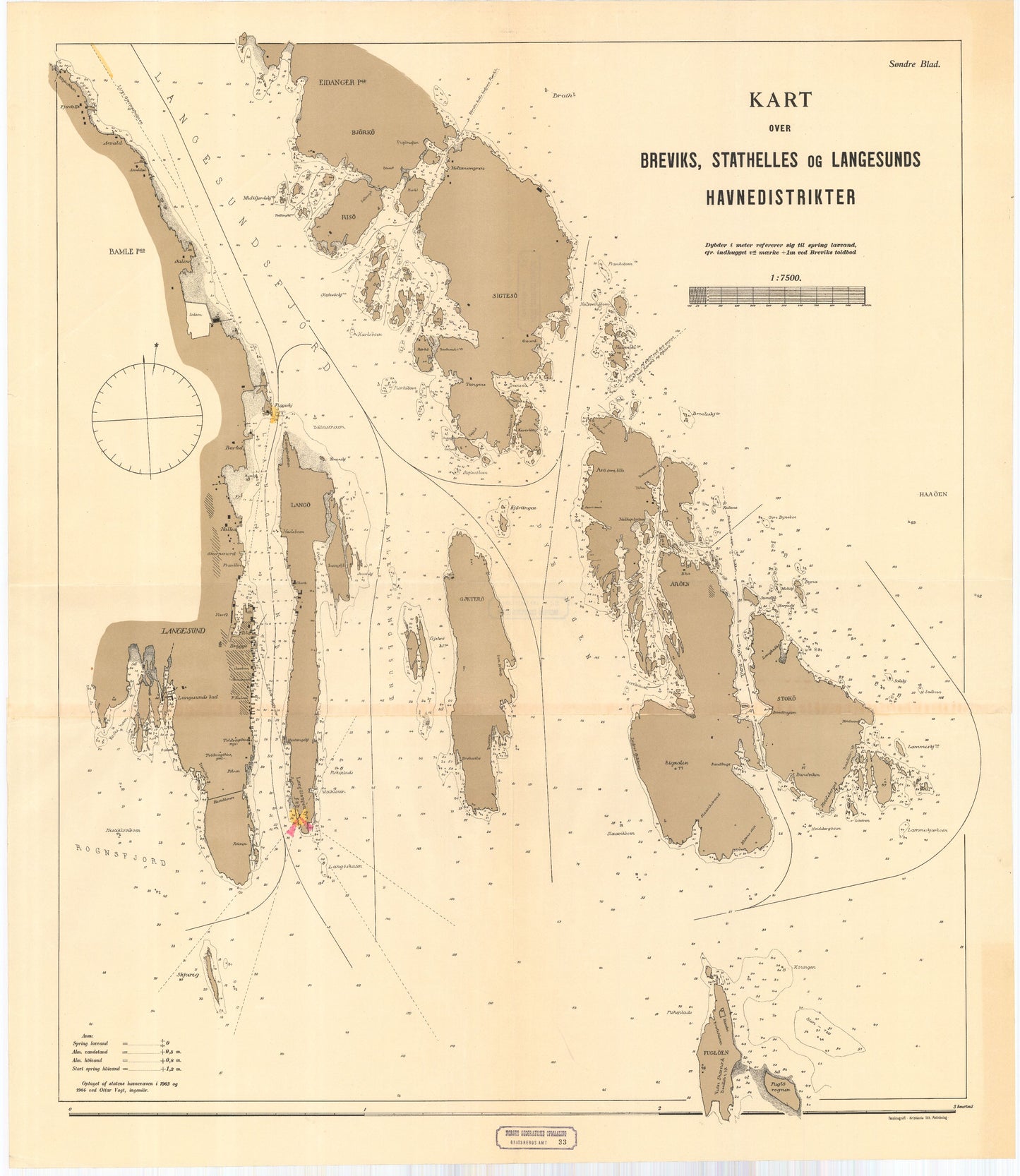 Bratsberg-amt nr 33b: Kart over Breviks, Stathelles og Langesunds Havedistrikter: Telemark