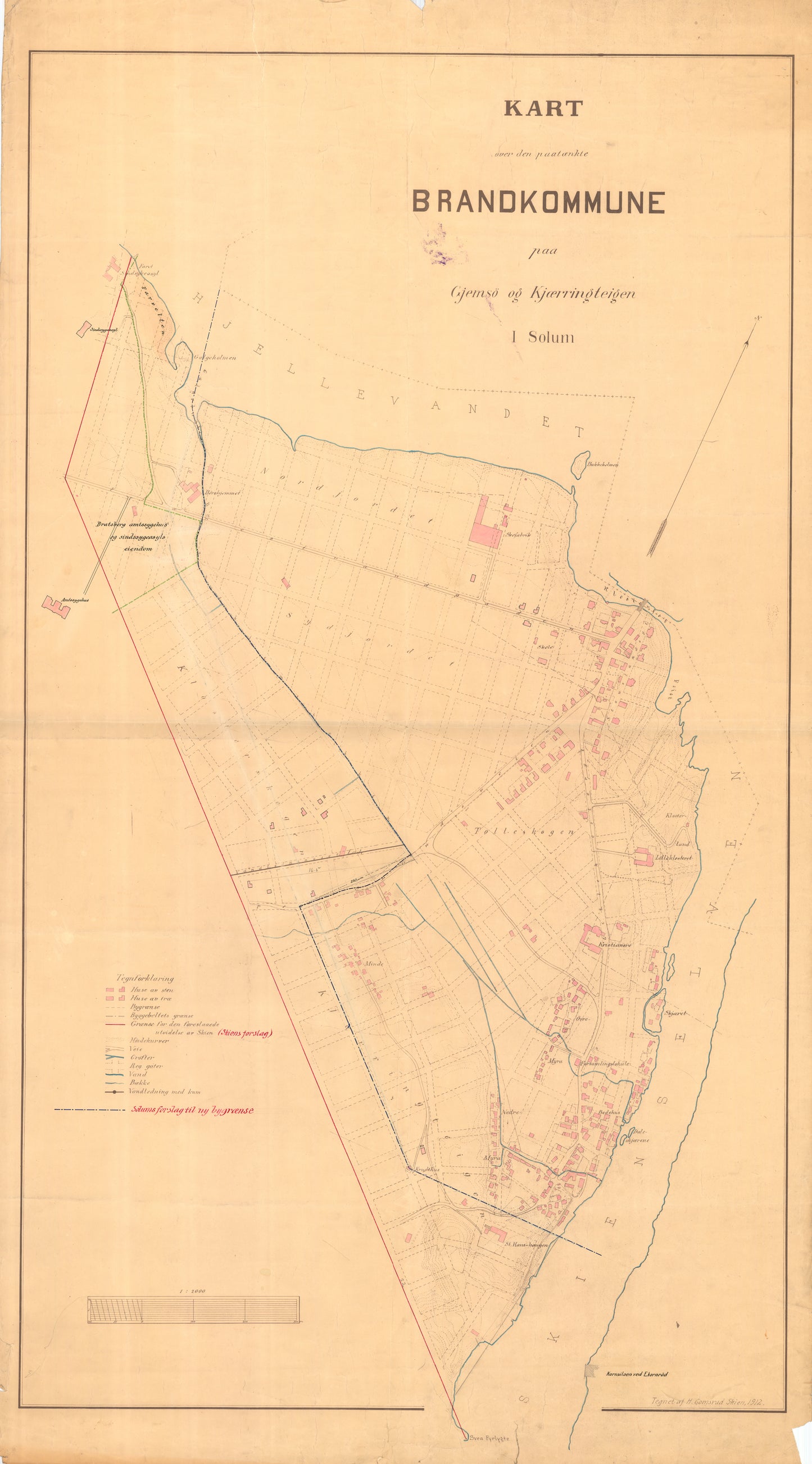 Bratsberg amt nr 44: Kart over den påtenkte Brandkommune på Gjemsø og Kjærringen i Solum: Telemark