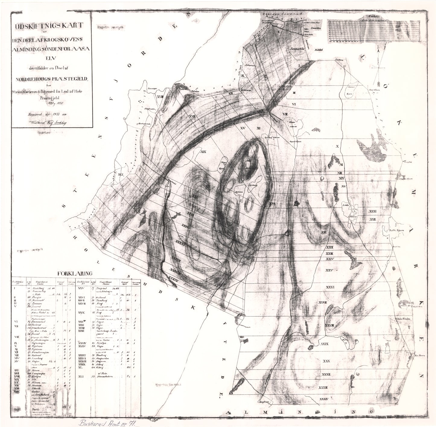Buskerud amt nr 71: Kopi av utskiftningskart over en del av Krokskogens nordre almenning.: Buskerud