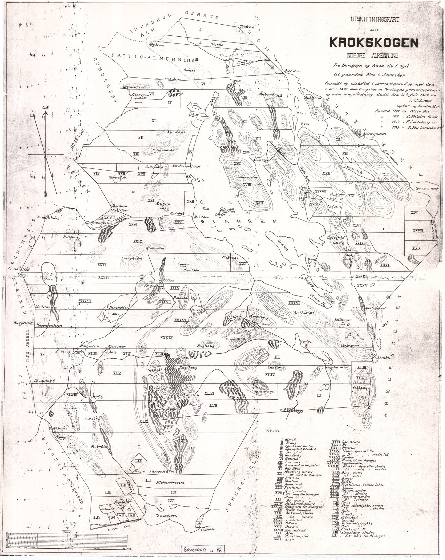 Buskerud amt nr 72: Kopi av utskiftningskart over Krokskogens almenning.: Buskerud