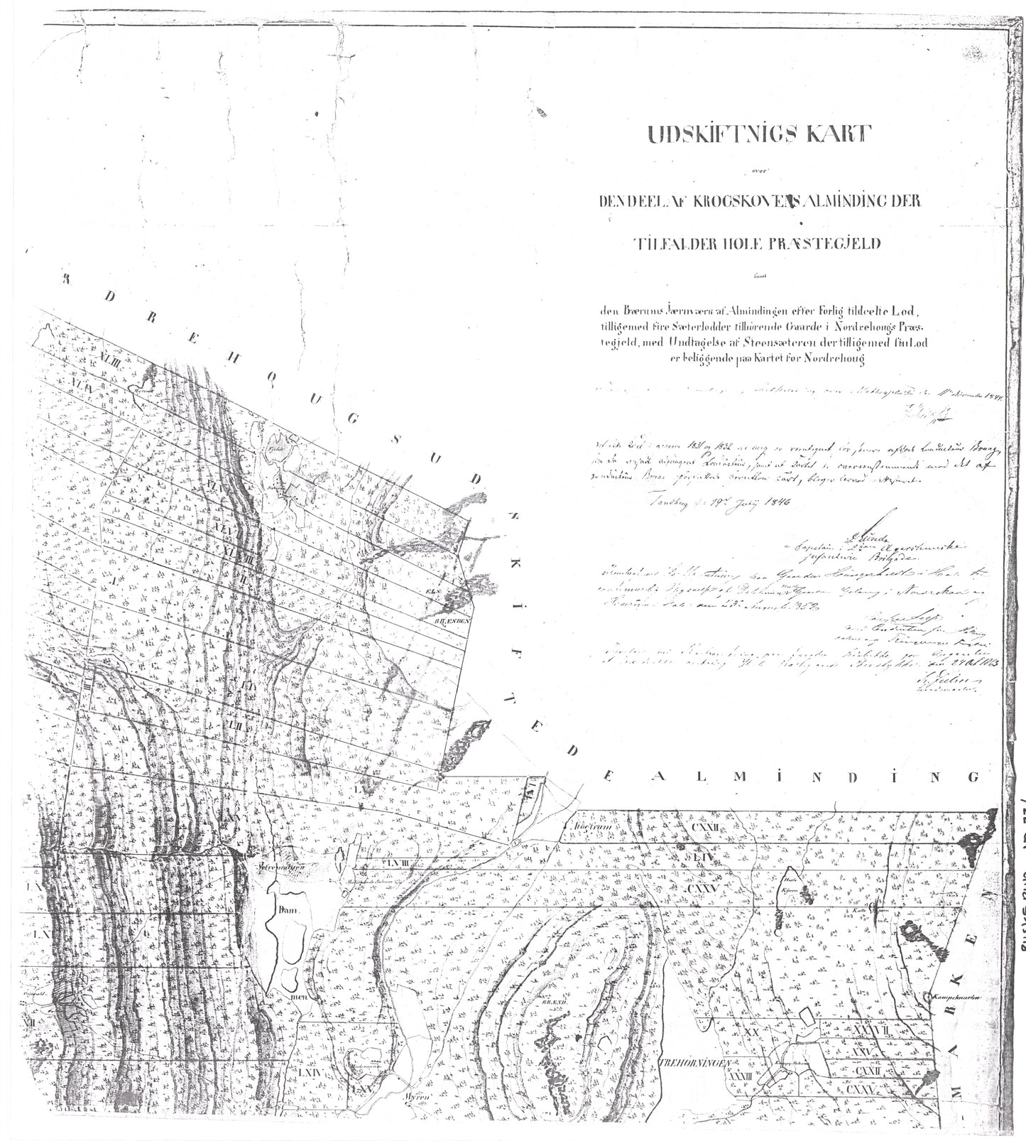 Buskerud amt nr 73-1: Kopi av utskiftningskart over en del av Krokskogens almenninger sin tilfaller Hole Prestgjeld.: Buskerud
