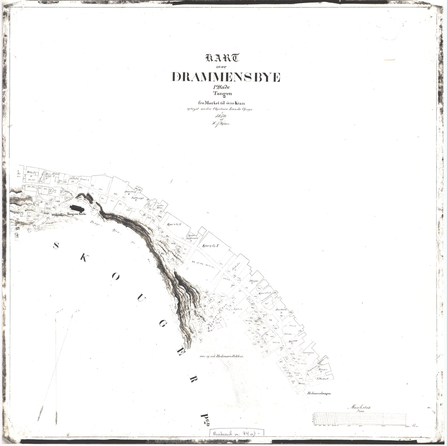 Buskerud amt 74a: Kopi av kart over Drammens by - Tangen. Origianlen fra 1850.: Buskerud