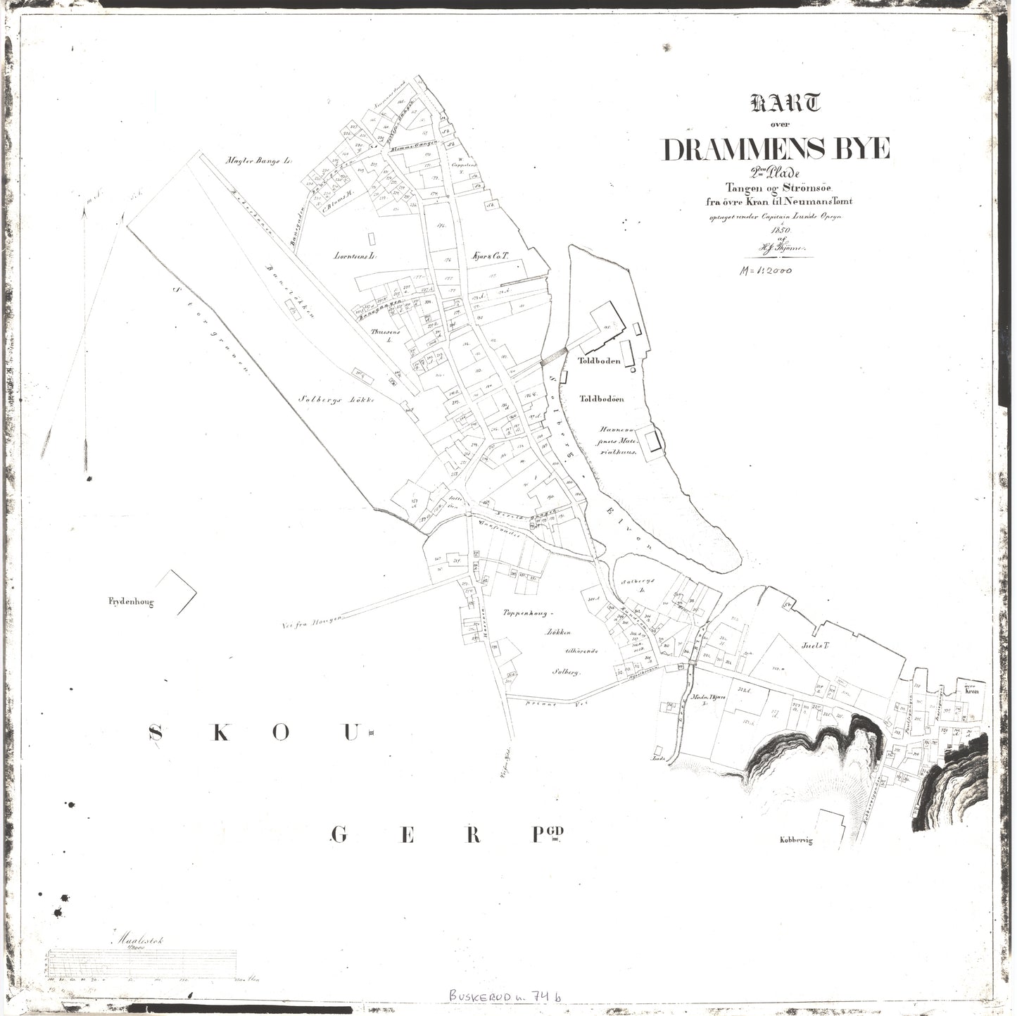 Buskerud amt 74b: Kopi av kart over Drammens by - Tangen og Strømsø. Originalen fra 1850.: Buskerud