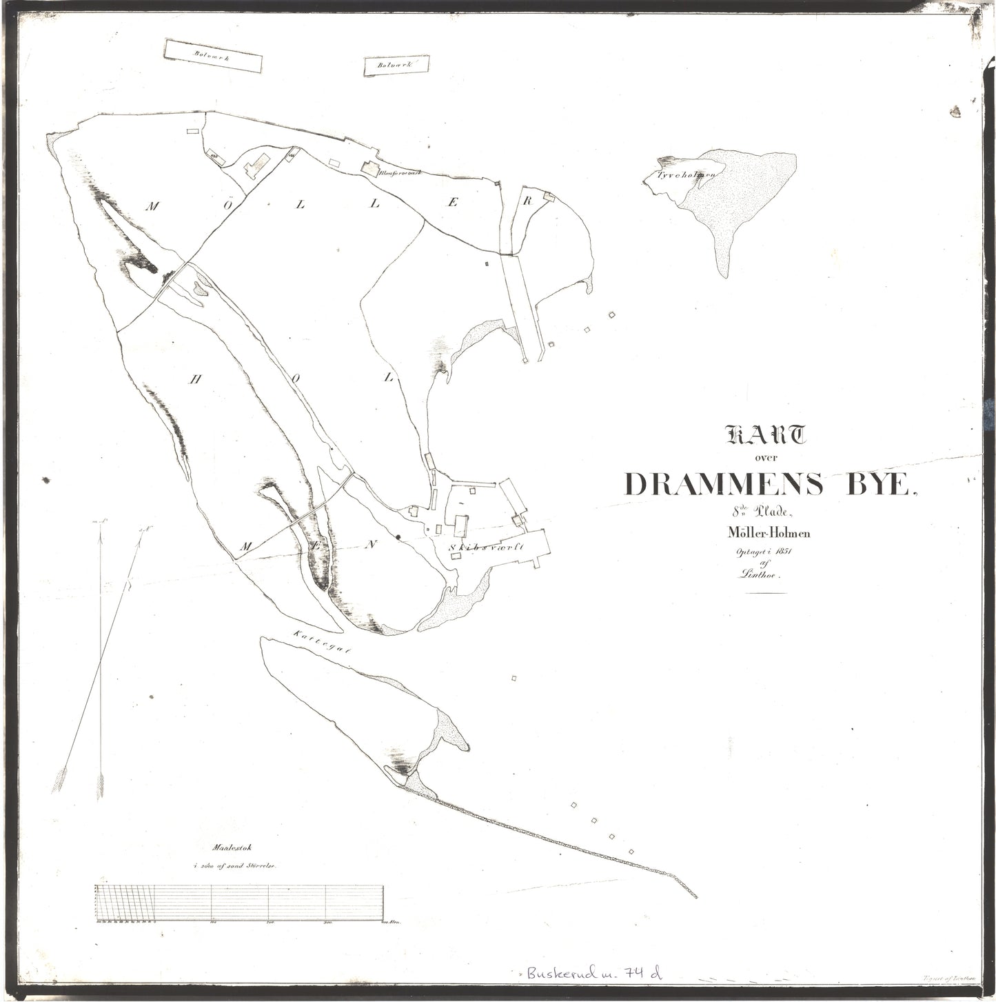 Buskerud amt 74d: Kopi av kart over Drammens by - Møllerholmen Originalen fra 1851.: Buskerud