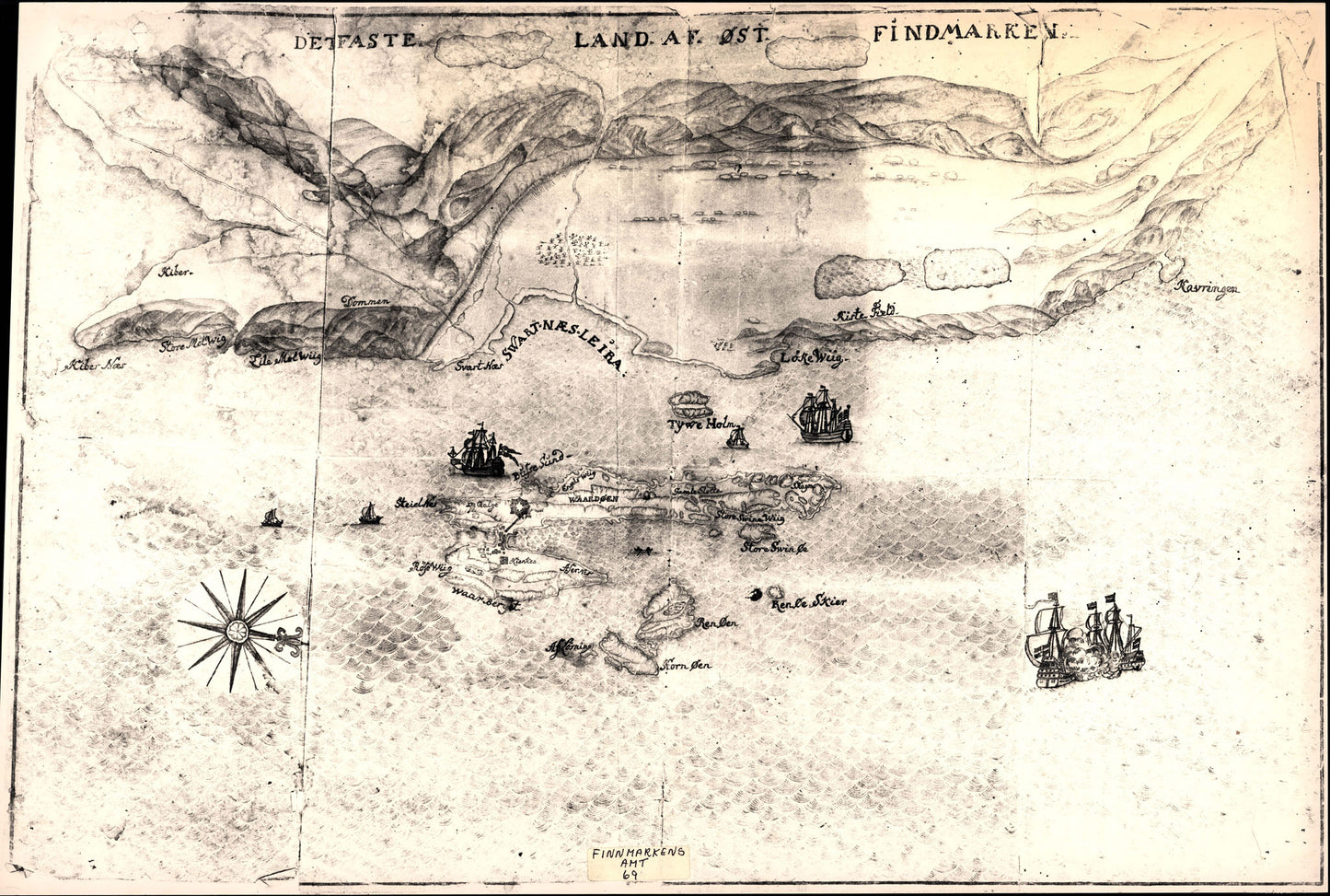 Finmarkens amt nr 69: Det faste land af øst Findmarken. Kopi av en håndetgnet kopi av Finmarkens amt nr 2: Finnmark