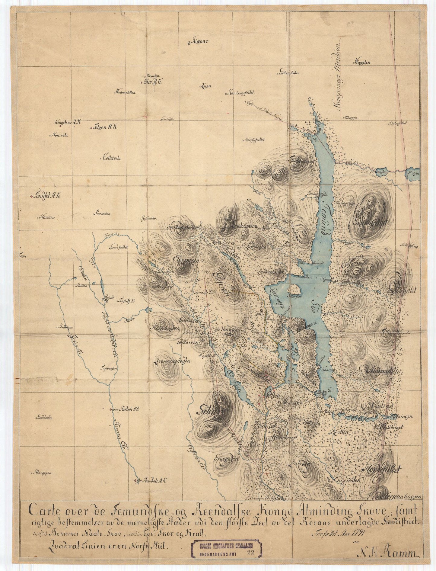Hedemarkens amt nr 22: Carte over de Fæmundske og Rendalske Kong Alminding Skove: Hedmark