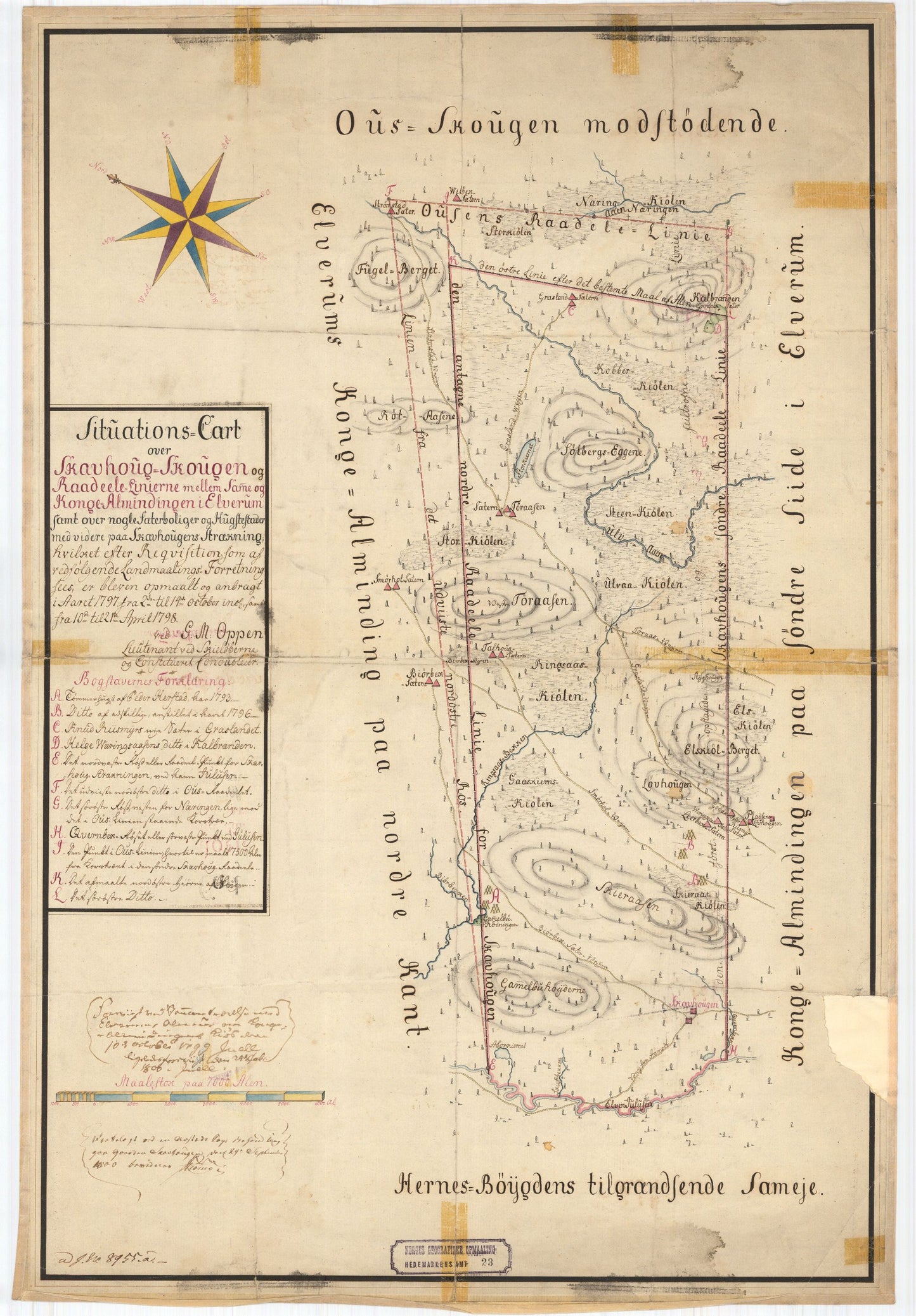 Hedemarkens amt nr 23: Situations Carte over Skavhaug Skaugen og Raadeele Linierne mellom Samme og Konge Amindingen i Elverum: Hedmark