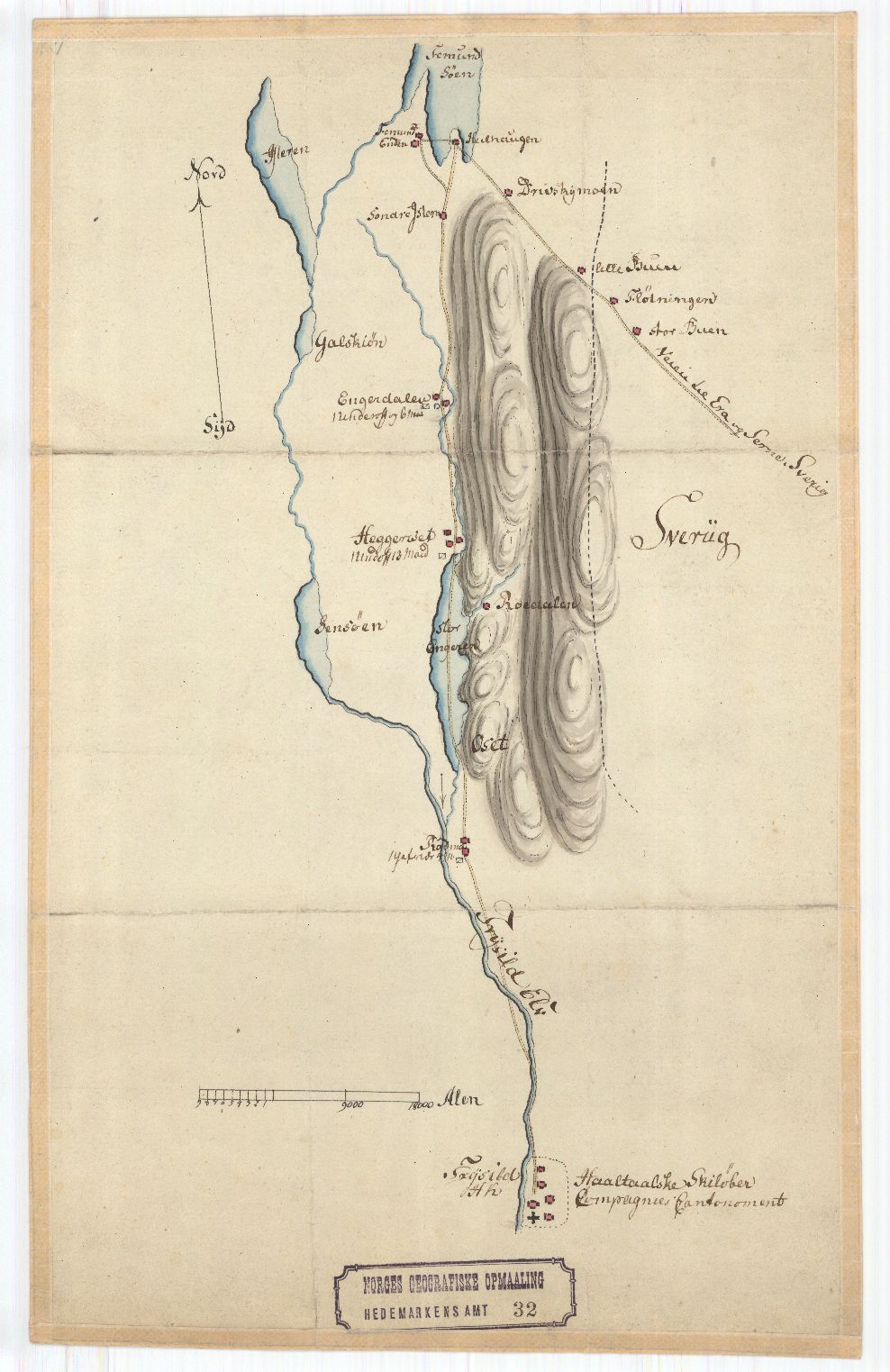 Hedemarkens amt nr 32: Kart over Terrænet fra Fæmundsjø til Tryssil: Hedmark