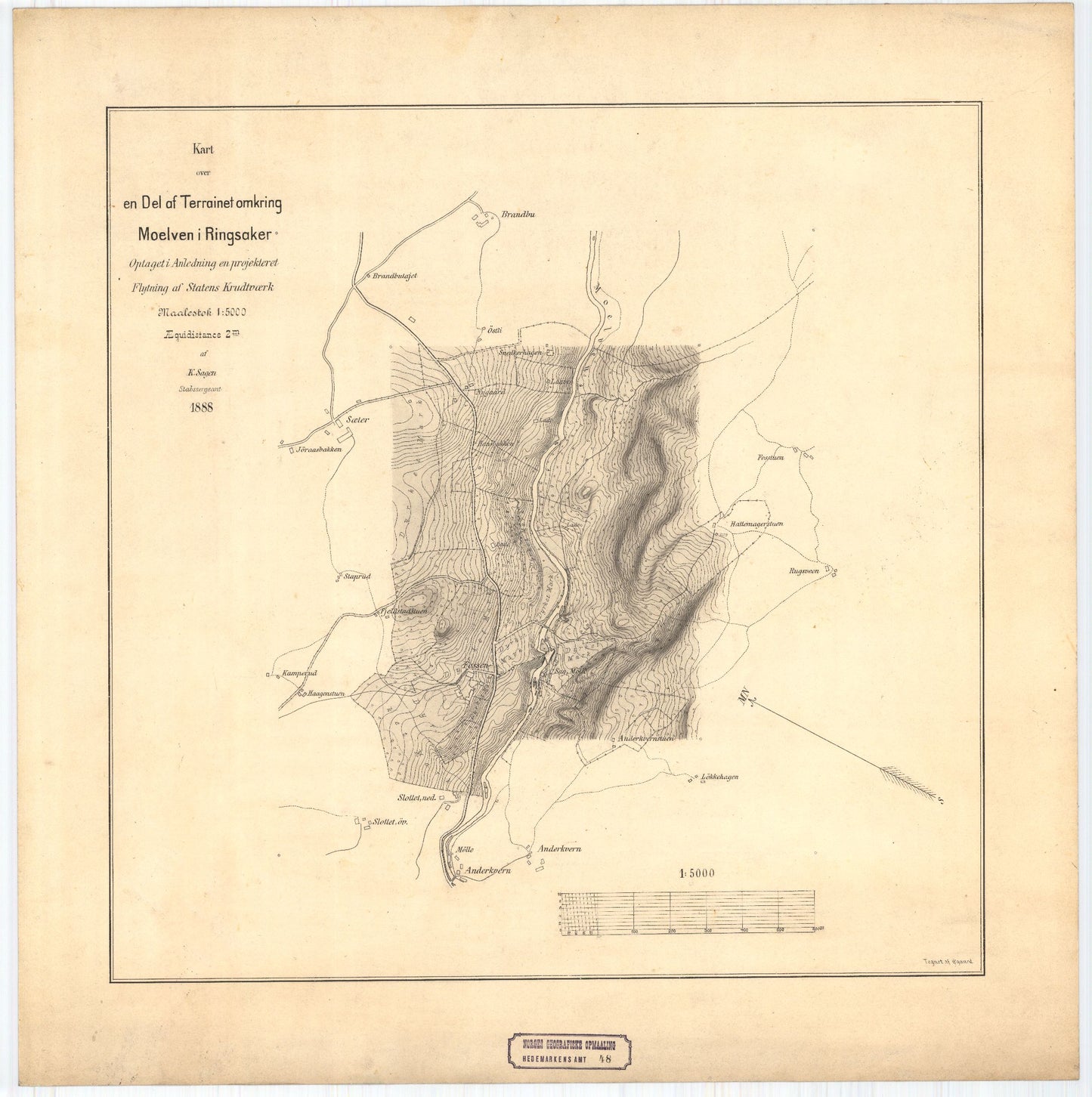 Hedemarkens amt nr 48: Kart over en Del af Terrainet omkring Moelven i Ringsaker: Hedmark