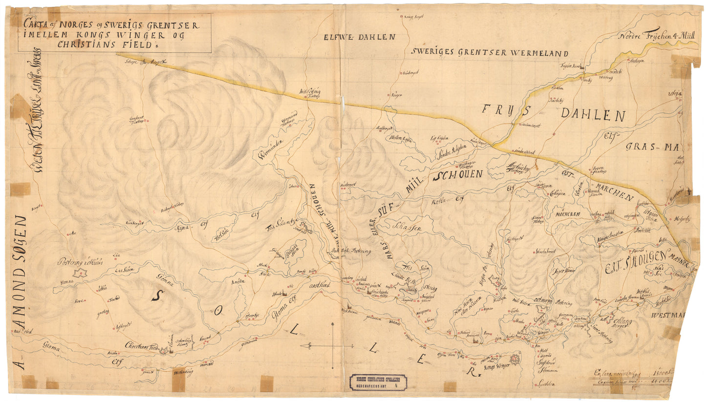 Hedemarkens amt nr 4: Carte af Norges og Sweriges Grentzer imellom Kongswinger og Christiansfield: Hedmark