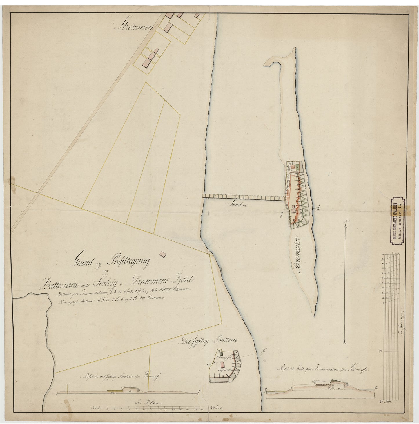 Jarlsberg og Larviks amt nr 14: Grund- og Profiltegning over Batteriene ved Svelvig i Drammens Fjord: Vestfold