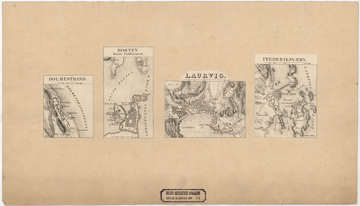 Jarlsberg og Larviks amt nr 24: Kart over Holmestrand; Horten Marine Etablissement; laurvig og Fredriksværen: Vestfold