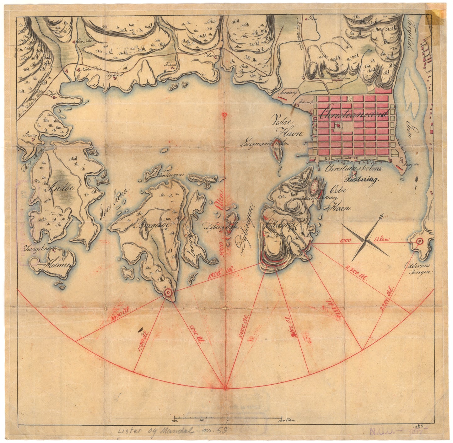 Lister og Mandals amt nr 55: Kartriss over Kristiansand med nærmeste omegn: Vest-Agder