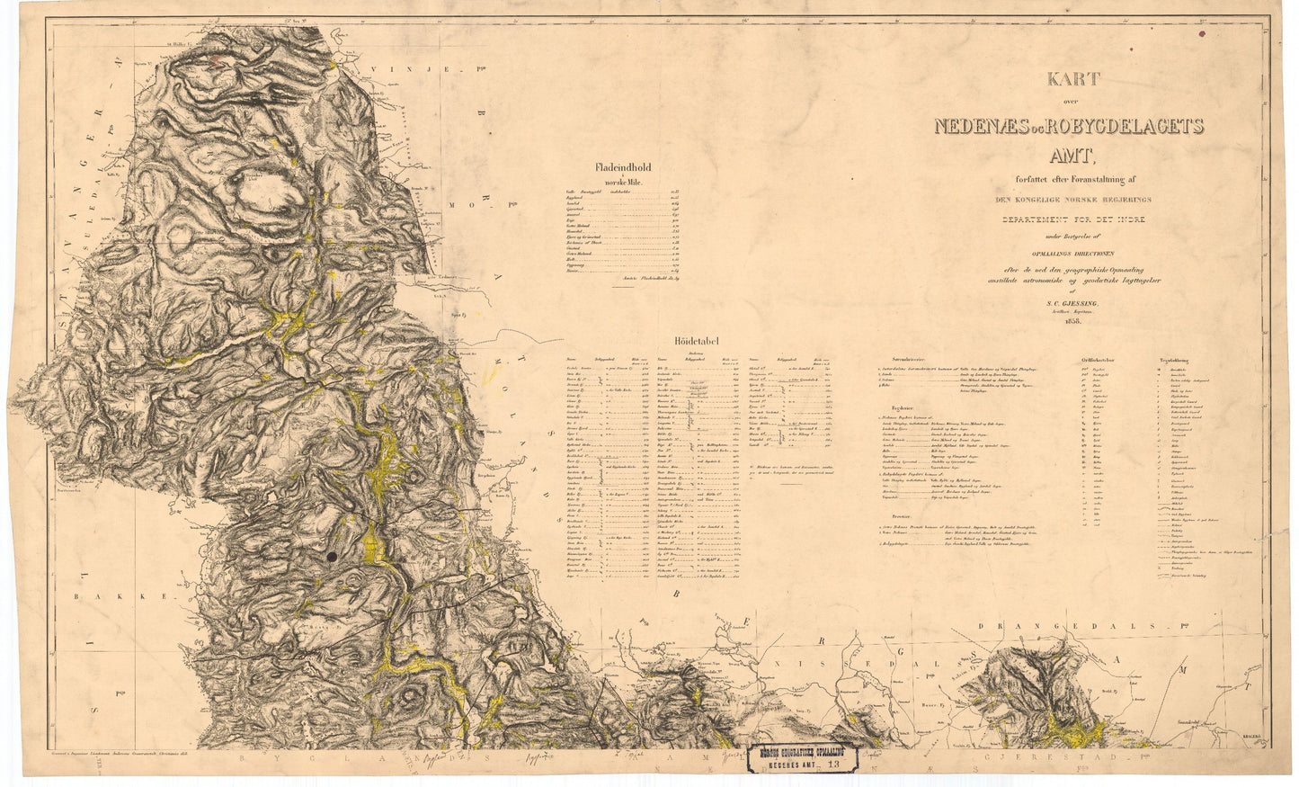 Nedenes amt nr 13 nord: Amtskart med påtegnet dyrket mark: Aust-Agder