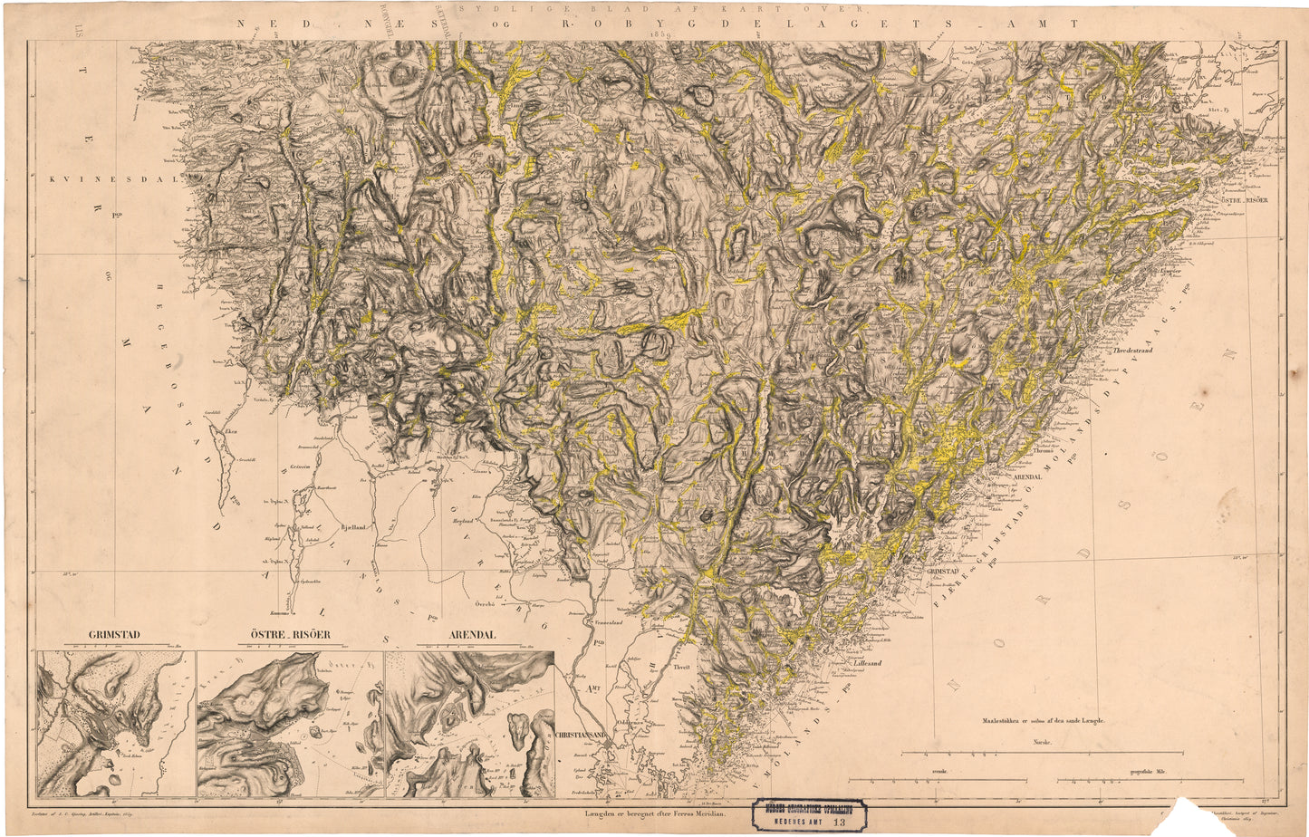 Nedenes amt nr 13 sør: Amtskart med påtegnet dyrket mark: Aust-Agder