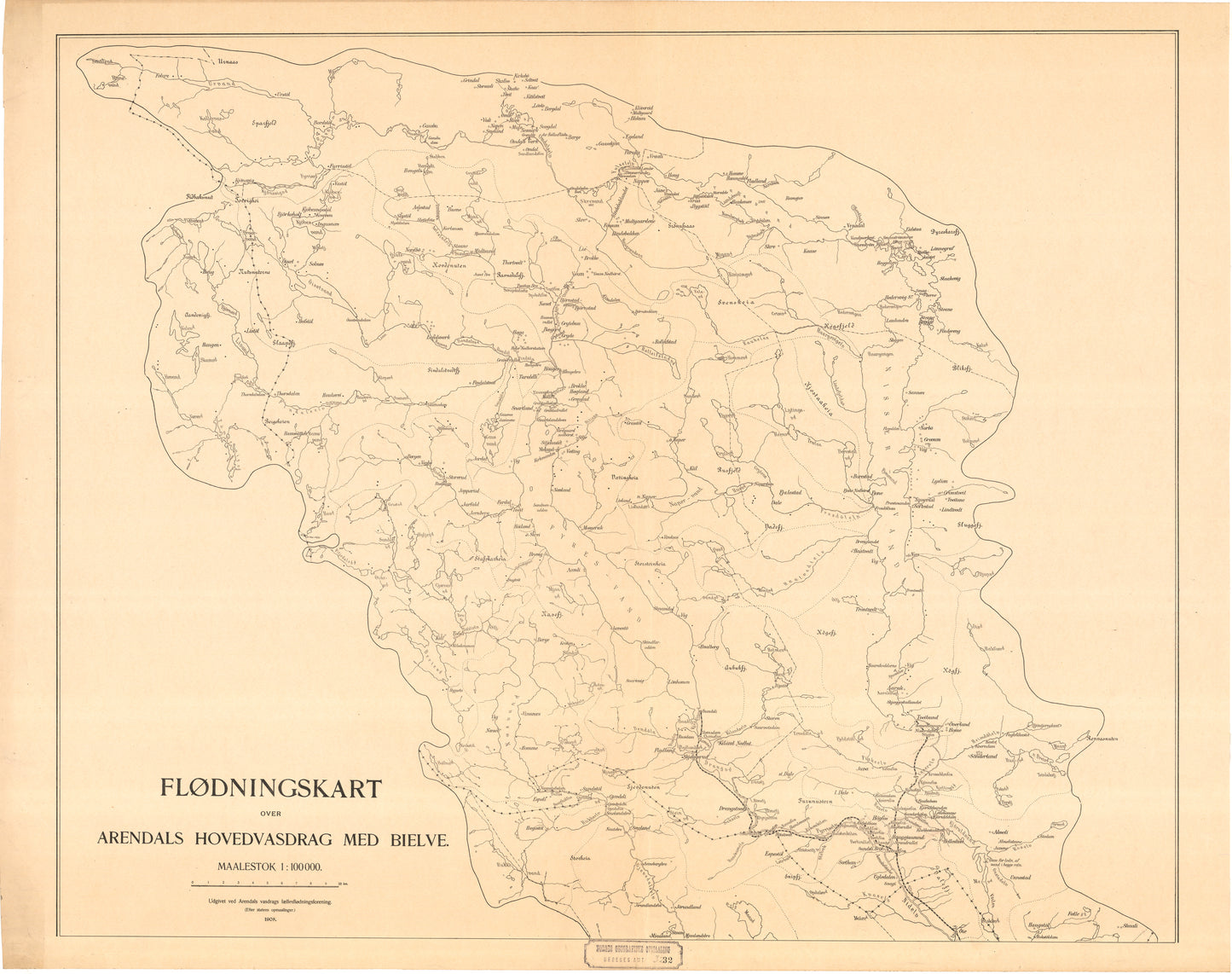 Nedenes amt nr 32 nord: Flødningskart over Arendals hovedvasdrag med bielve: Aust-Agder