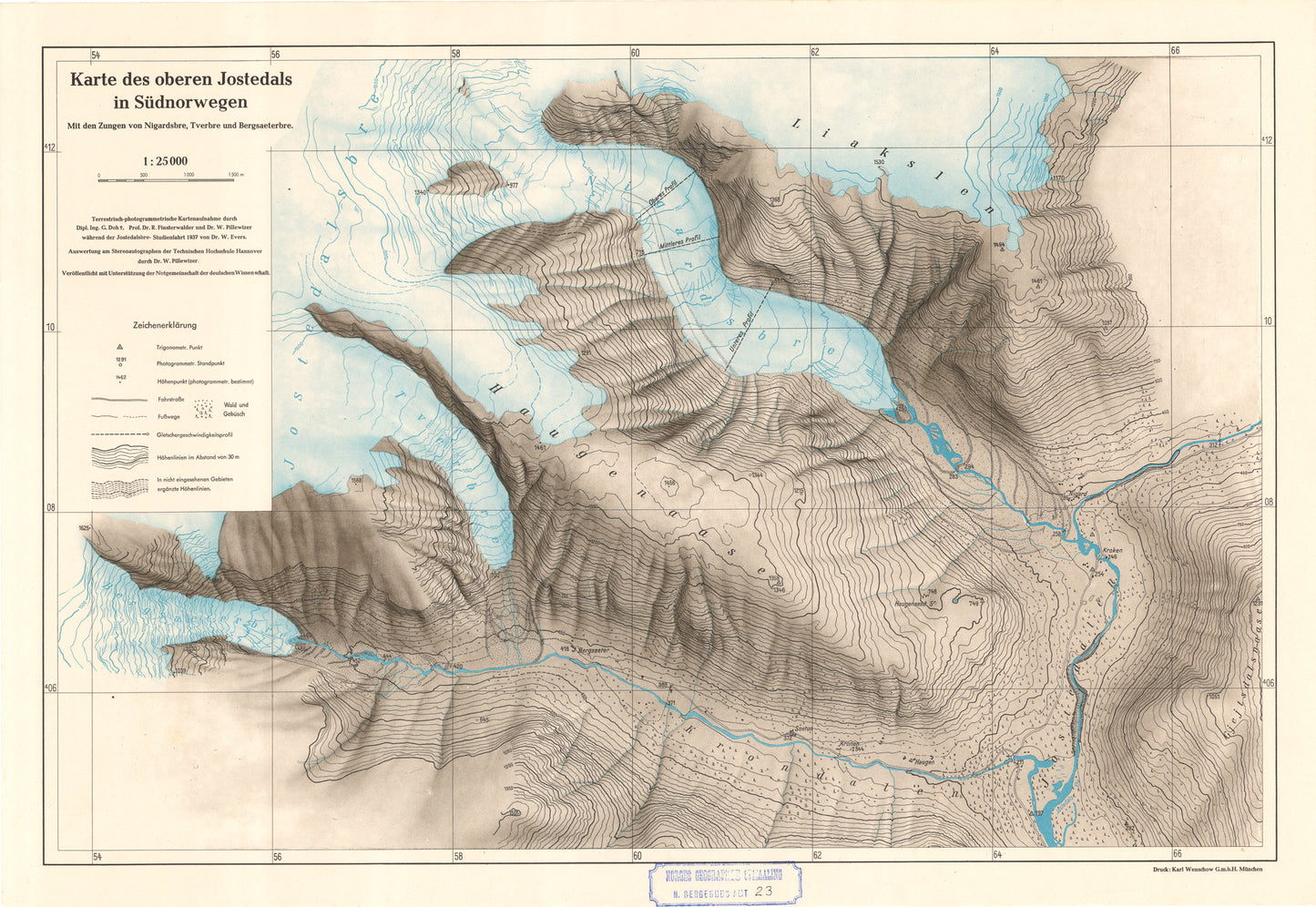 Nordre Bergenhus amt nr 23: Karte des oberen Jostedals in Südnorwegen: Sogn og Fjordane
