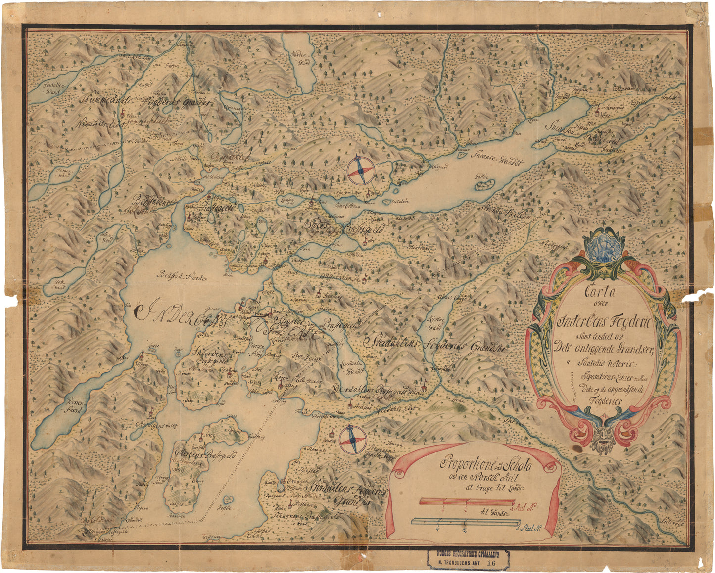 Nordre Trondhjems amt nr 16: Carta over Inderøens Fogderie samt endeel aw dets anliggende Grændser: Nord-Trøndelag