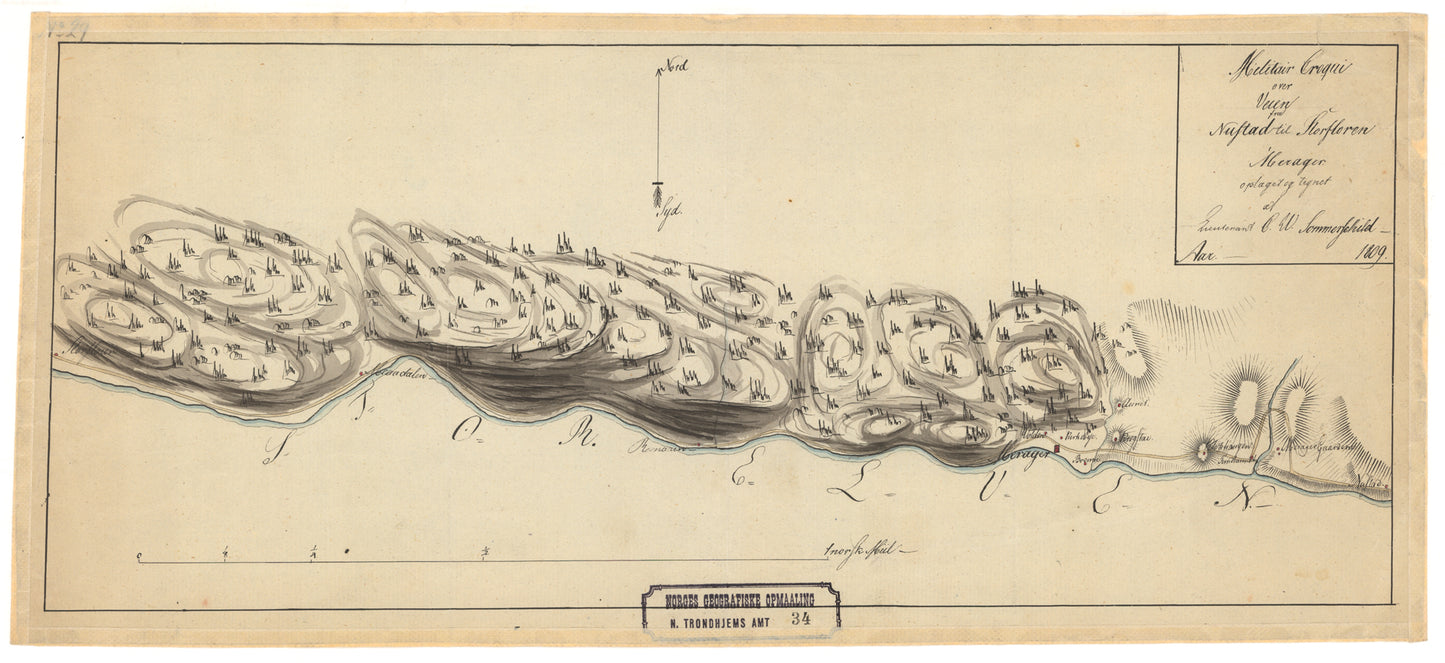 Nordre Trondhjems amt nr 34: Militair Croqui over Veien fra Nustad til Storfloren i Merager: Nord-Trøndelag
