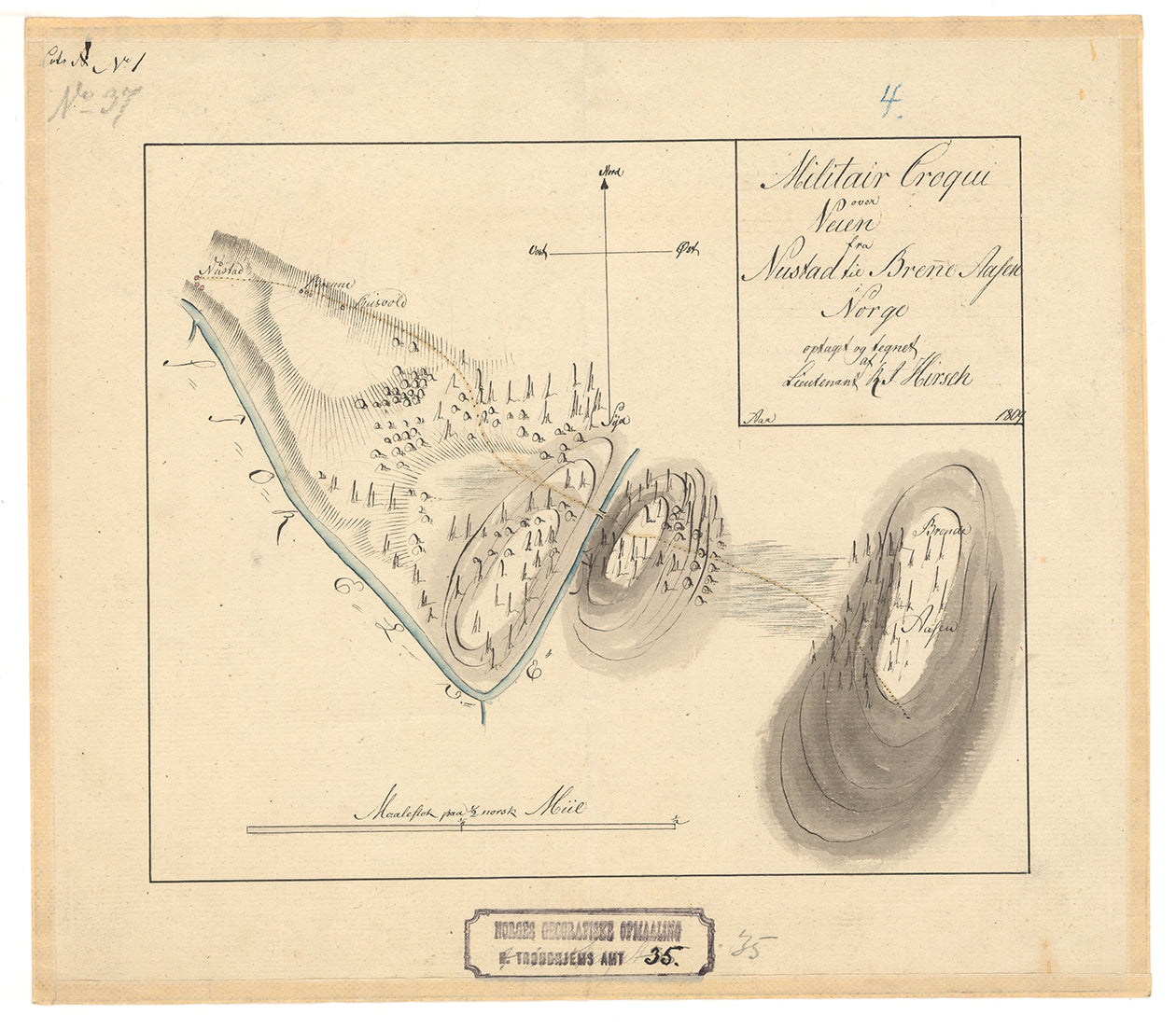 Nordre Trondhjems amt nr 35: Militair Croqui over Veien Gielsaae Hytte til Nustad og fra Nustad til Brene Aasen i Norge: Nord-Trøndelag