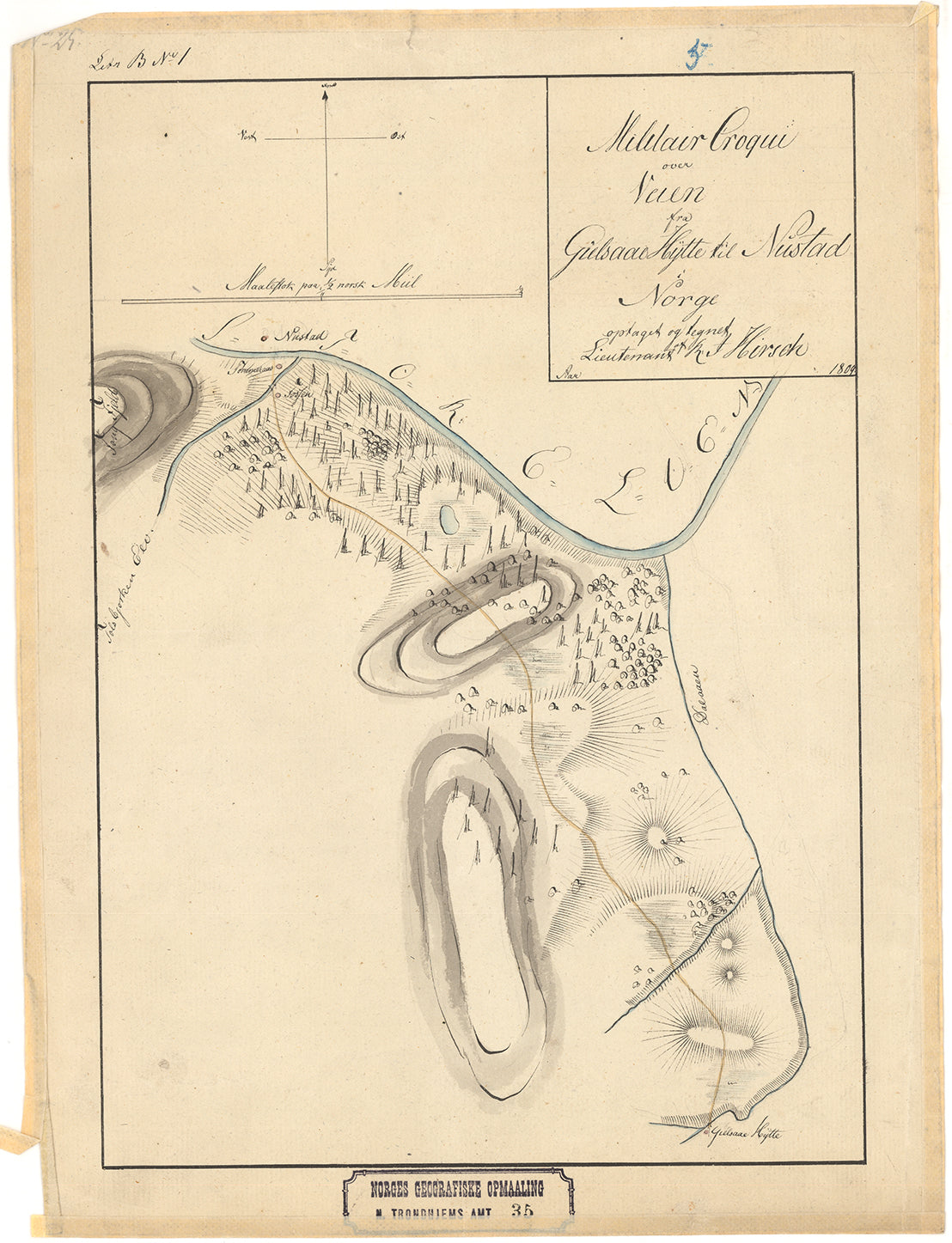 Nordre Trondhjems amt nr 35-2: Militair Croqui over Veien Gielsaae Hytte til Nustad og fra Nustad til Brene Aasen i Norge: Nord-Trøndelag