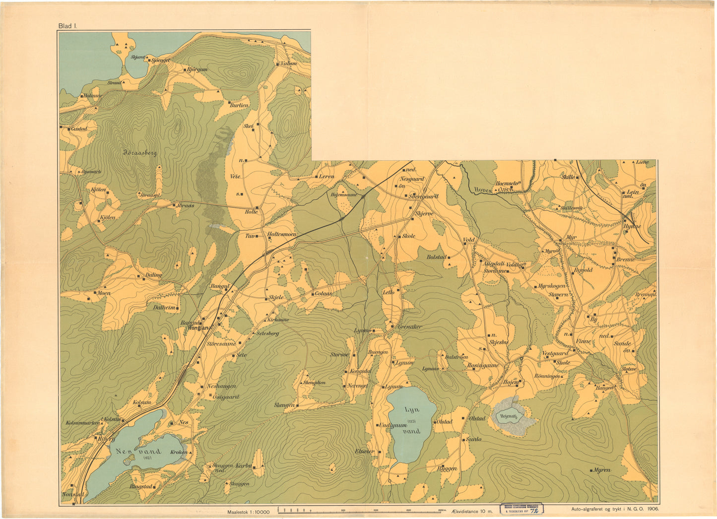 Nordre Trondhjems amt nr 72-1: Krigsspilkart i 3 Blade over Terrængeg mellem Nesvand og Rindleret: Nord-Trøndelag