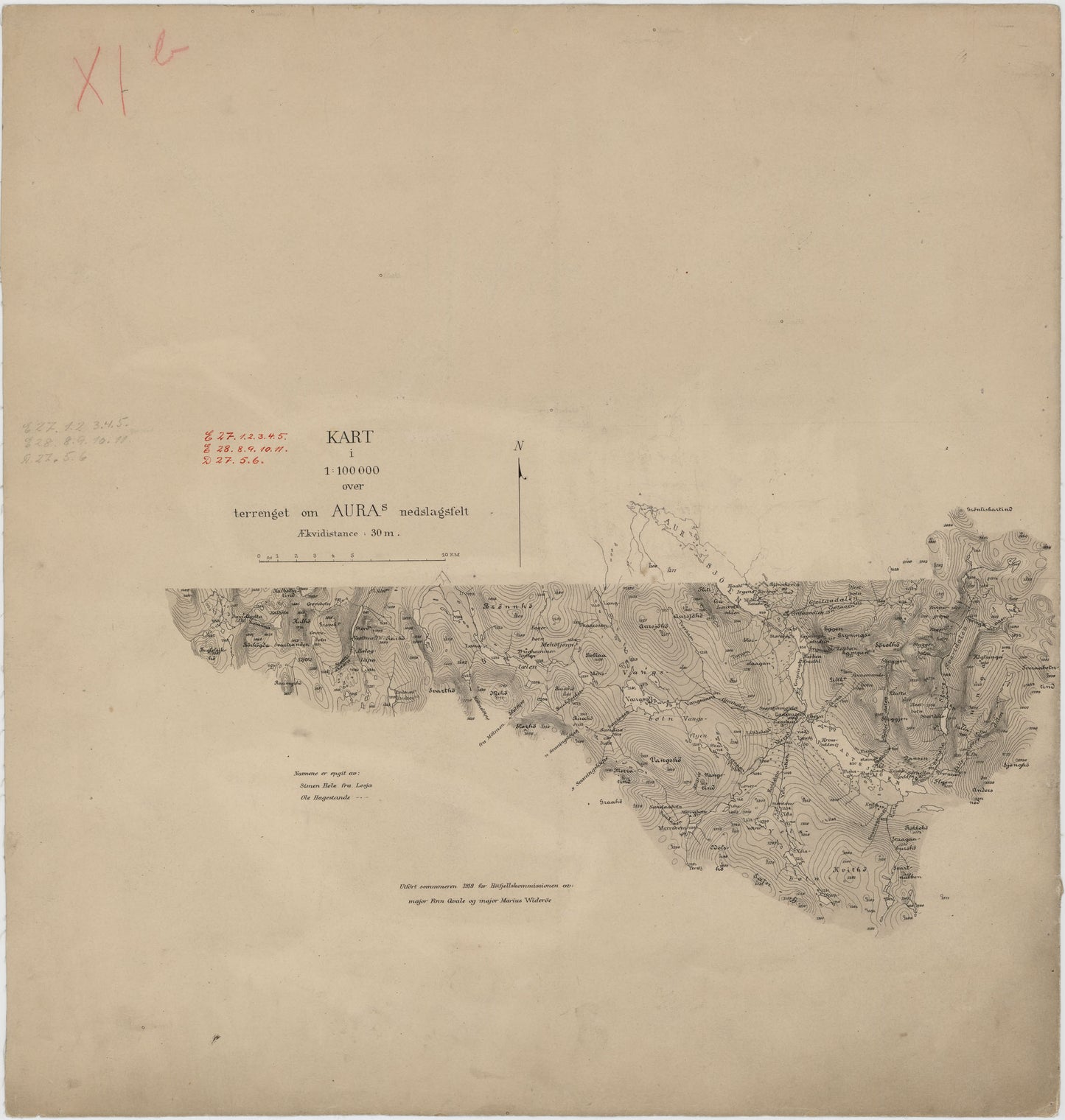 Kart i 1:100000 over terrenget om Aura`s nedslagsfelt: Oppland