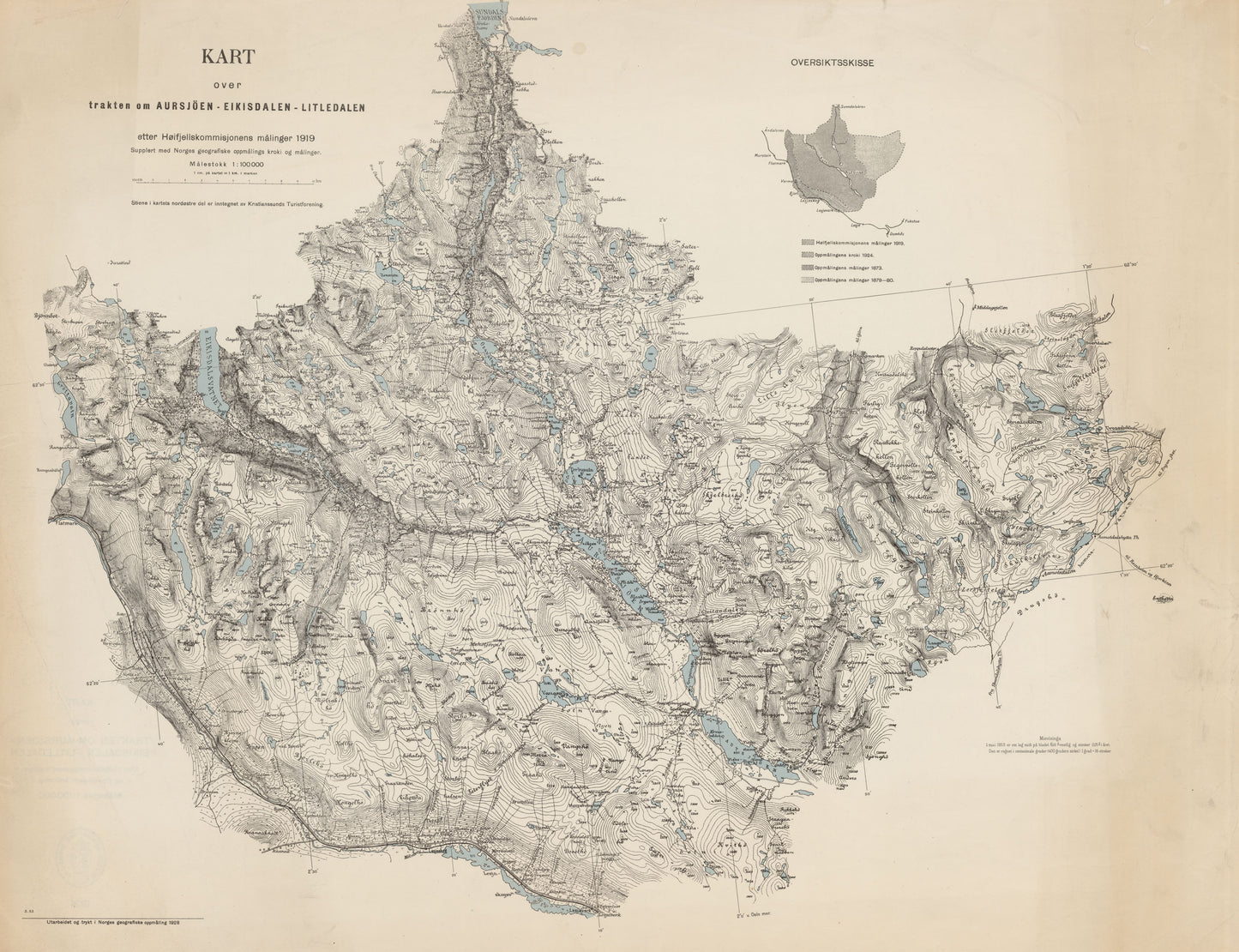 Kart over trakten om Aursjøen - Eikisdalen - Litledalen: Hedmark