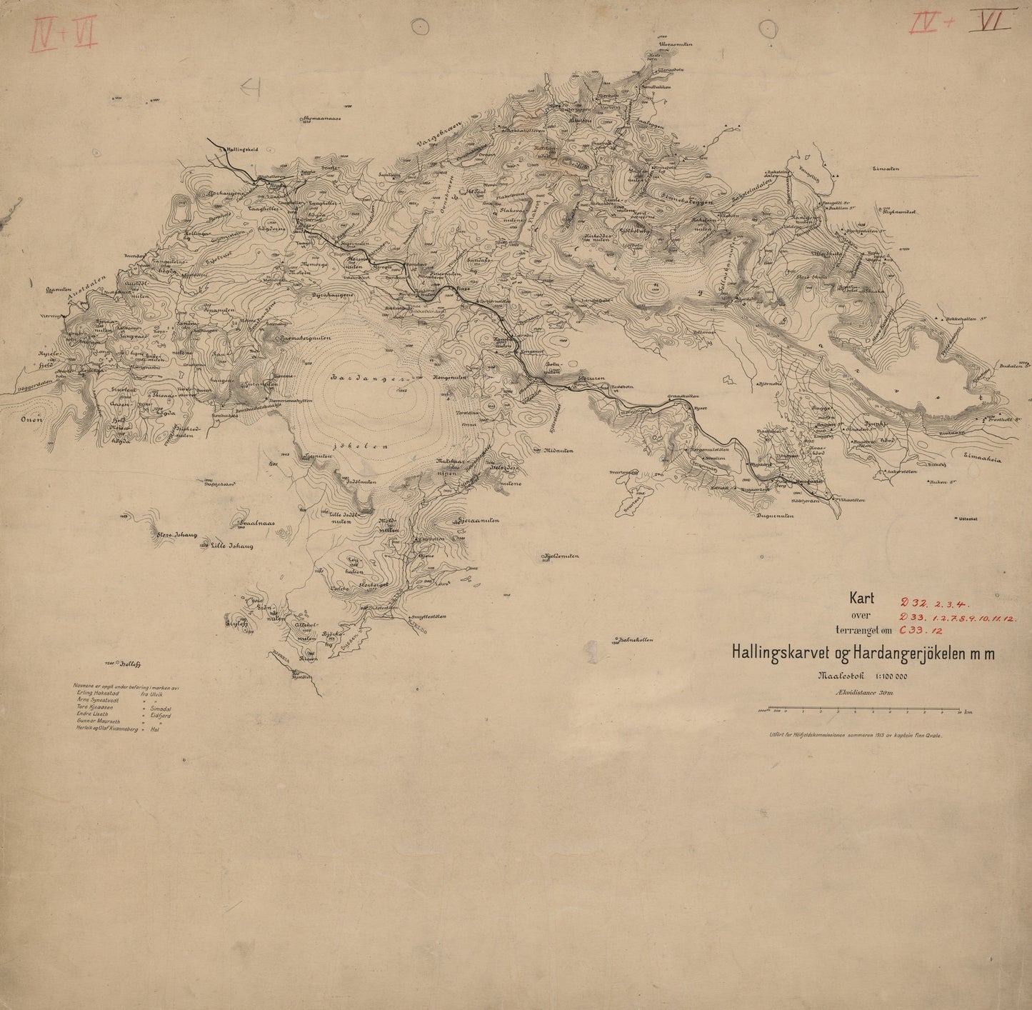 Kart over terrænget Hallingskarvet og Hardangerjøkelen m m: Buskerud