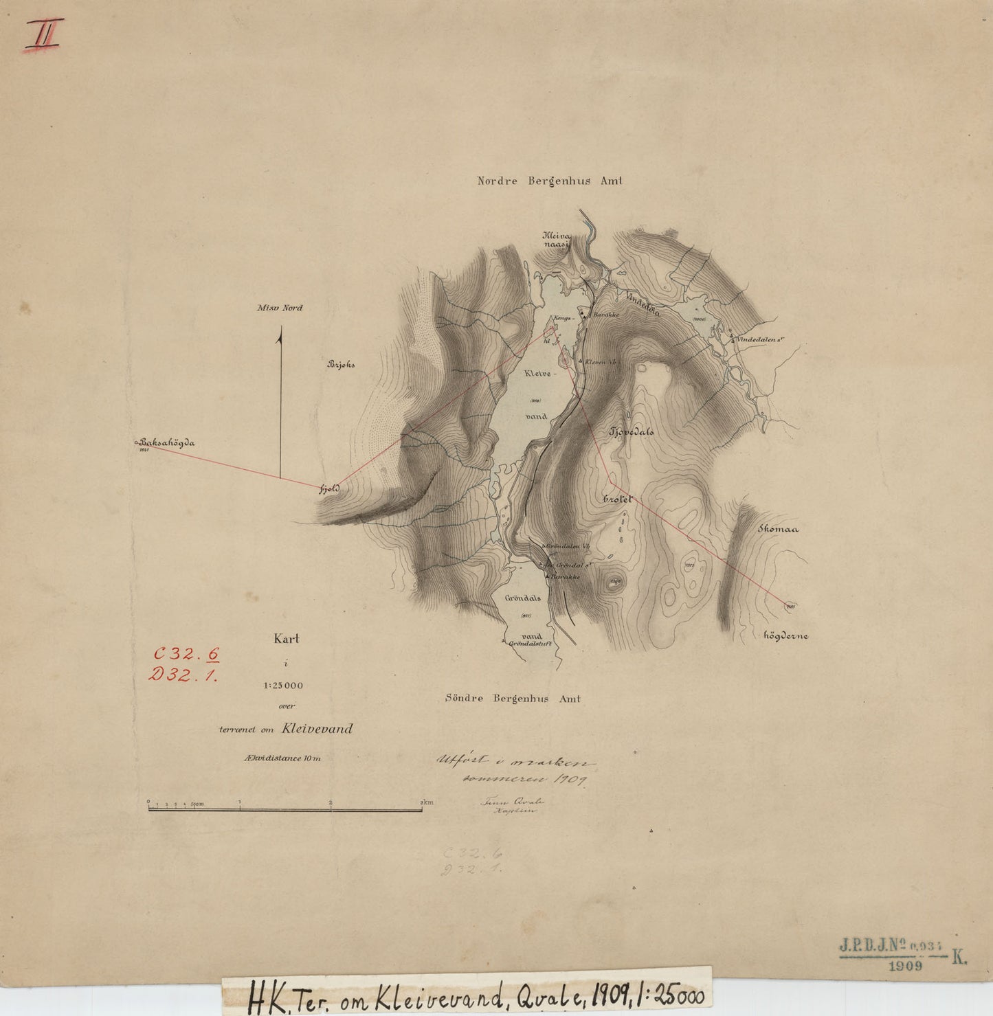 Kart i 1:25000 over terrænet om Kleivevand: Hordaland | Sogn og Fjordane