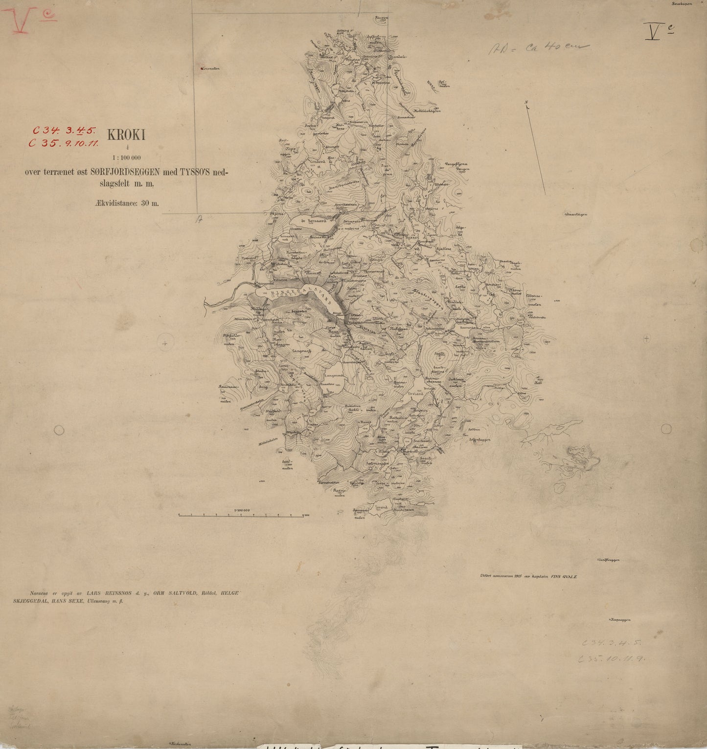 Kroki i 1:100000 over terrænet øst Sørfjordseggen med Tysso`s nedslagsfelt m. m.: Hordaland