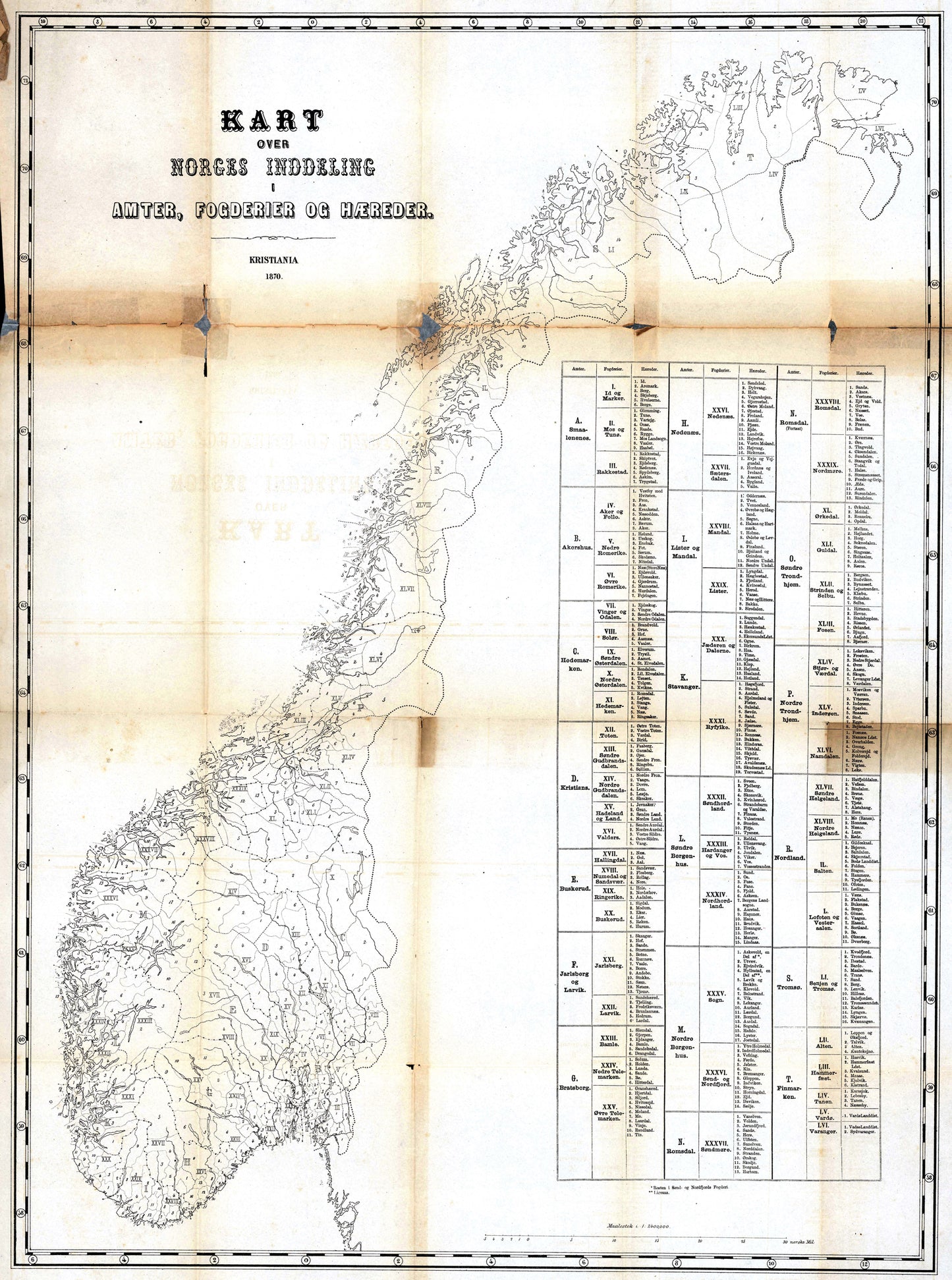 Kart over Norges inddeling i amter; fogderier og hæreder: Norge