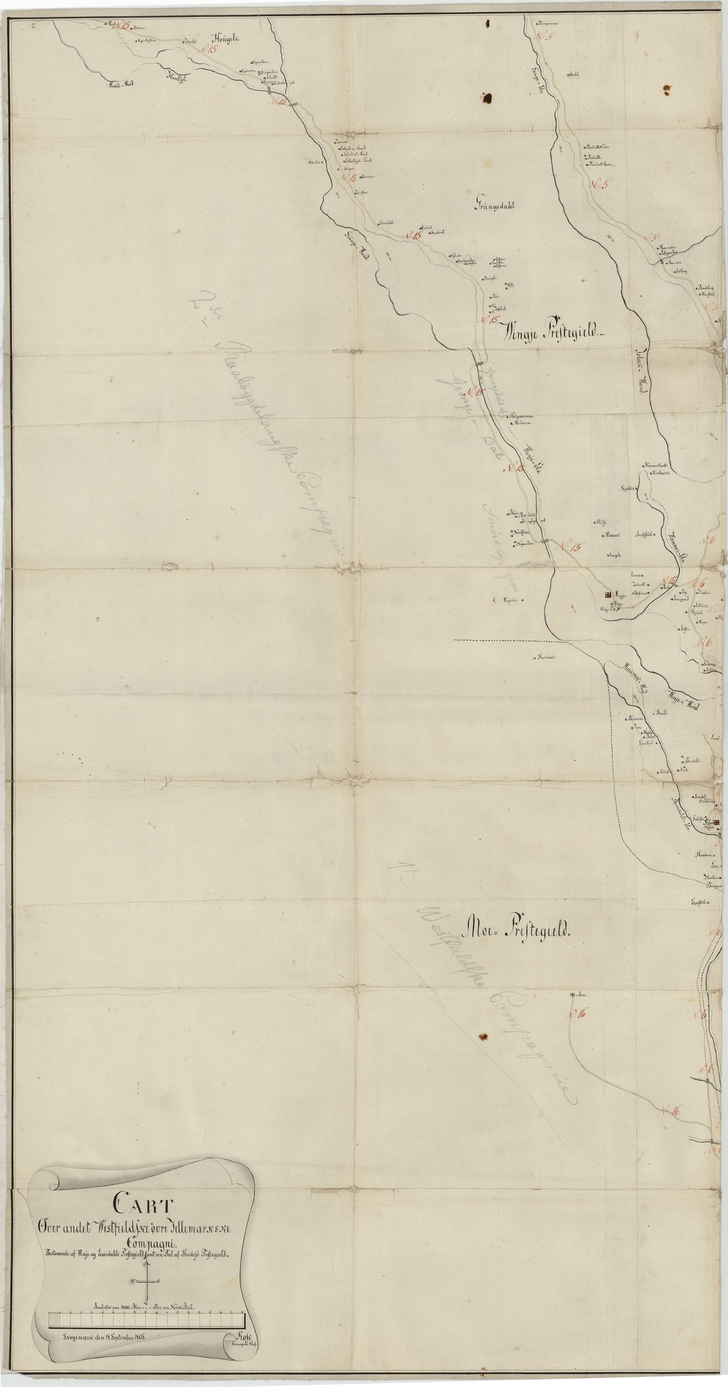 Kartblad 145 vest: Cart over det 2det Westfieldske øwre Tellemarkske Compagnie District; vester del: Telemark