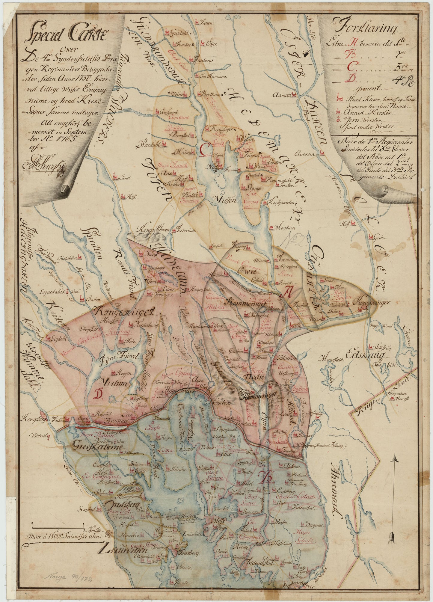Kartblad 172: Speciel Carte af de 4re sündenfieldske Dragonregimenters Beliggenheder siden Anno 1750; hvorved tillige wiises Compagnierne og hvad Kiercke-Sogner samme indtager.: Akershus