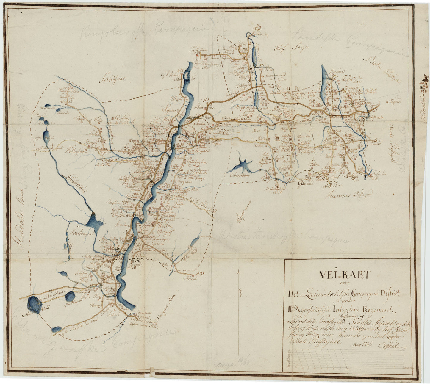 Kartblad 33: Vei-Kart over det Lauerdahlske Compagnie Distict: Vestfold