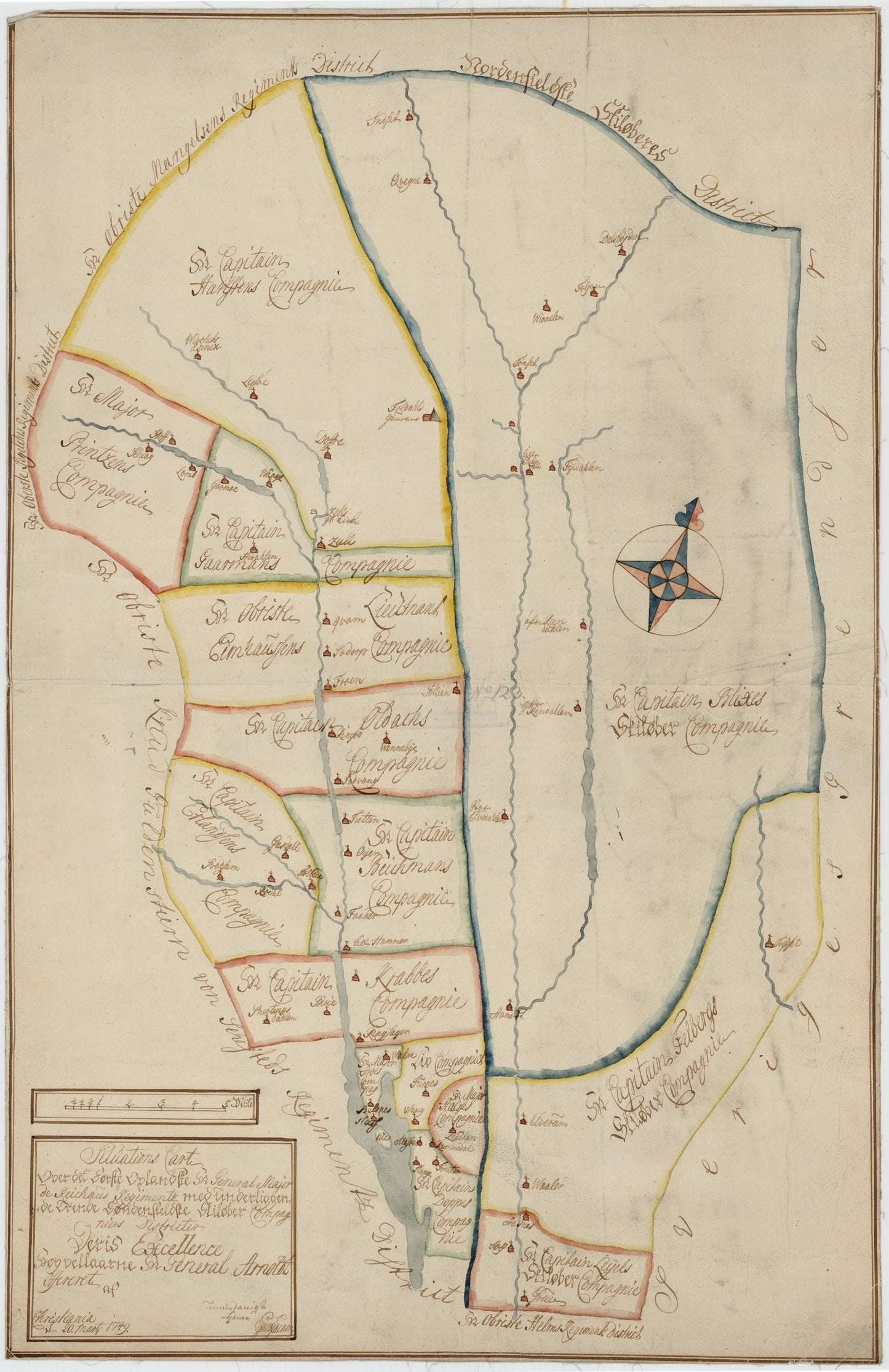 Kartblad 47: Situations Carte over det Første Oplandske Herr Generalmajor de Reichaus Regiment med underliggende trende sønfieldske Skiløber Compagniers Districter: Hedmark