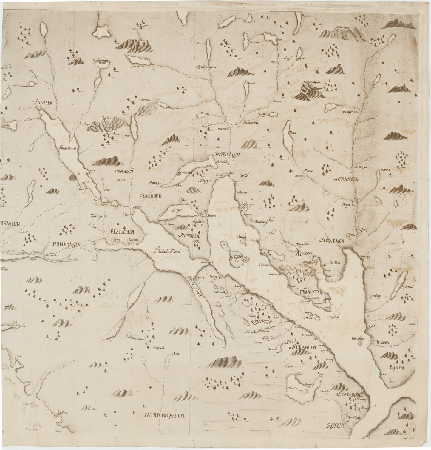 Kartblad 71a øst: Carte over det 1. Trondhiemsche Regiment tillige med de 3 Nordenfi: Skieløber Compagniers Situation; kopi østre del: Nord-Trøndelag