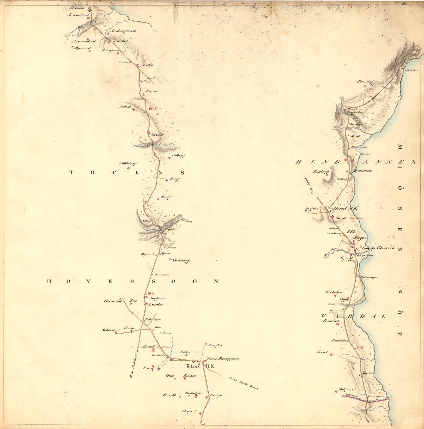 Kartblad 3: Kart over Veien fra Eidsvold igjennm Hurdalen; Toten; Vardal; Biri; Faaberg og Gausdal til Skydsstationen Holmen i Øyer i Gulbrandsdalen: Oppland