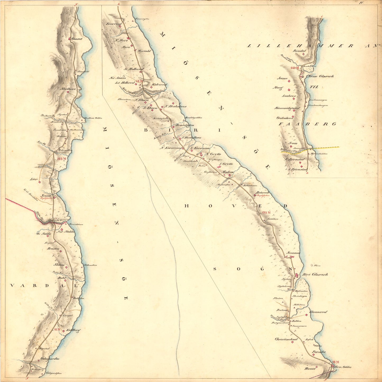 Kartblad 4: Kart over Veien fra Eidsvold igjennm Hurdalen; Toten; Vardal; Biri; Faaberg og Gausdal til Skydsstationen Holmen i Øyer i Gulbrandsdalen: Oppland