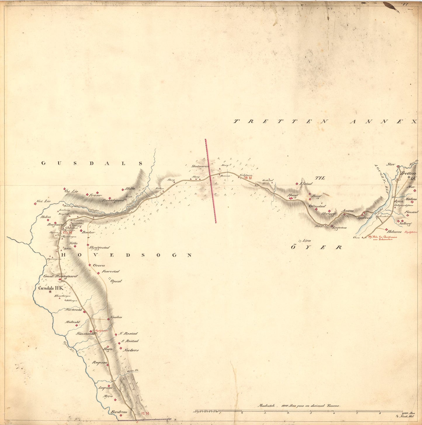 Kartblad 6: Kart over Veien fra Eidsvold igjennm Hurdalen; Toten; Vardal; Biri; Faaberg og Gausdal til Skydsstationen Holmen i Øyer i Gulbrandsdalen: Oppland