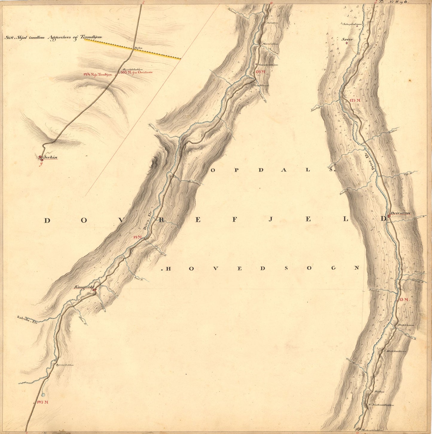 Kartblad nr 11 og 6: Kaart over Postveien fra Korsødegaarden til Trondhjem igjennom Gulbrandsdalen over Dovrefjeld: Oppland