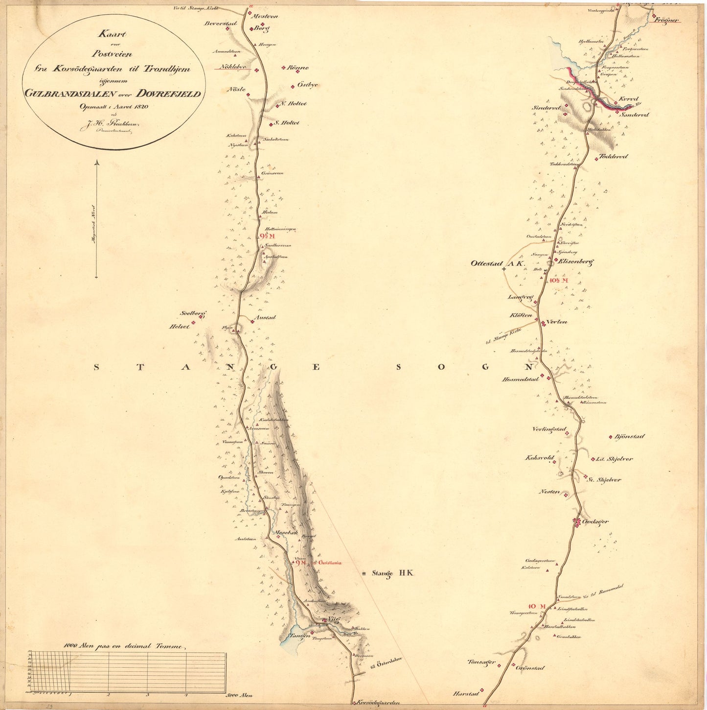 Kartblad nr 1: Kaart over Postveien fra Korsødegaarden til Trondhjem igjennom Gulbrandsdalen over Dovrefjeld: Hedmark