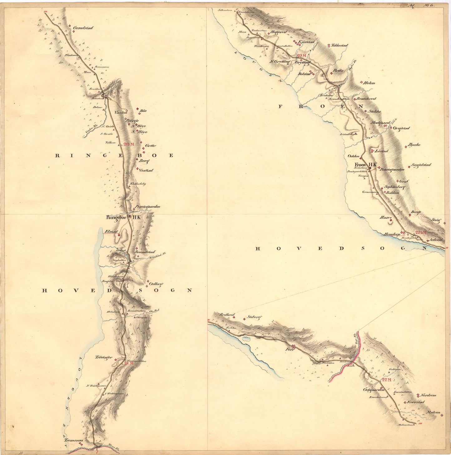 Kartblad nr 6: Kaart over Postveien fra Korsødegaarden til Trondhjem igjennom Gulbrandsdalen over Dovrefjeld: Oppland